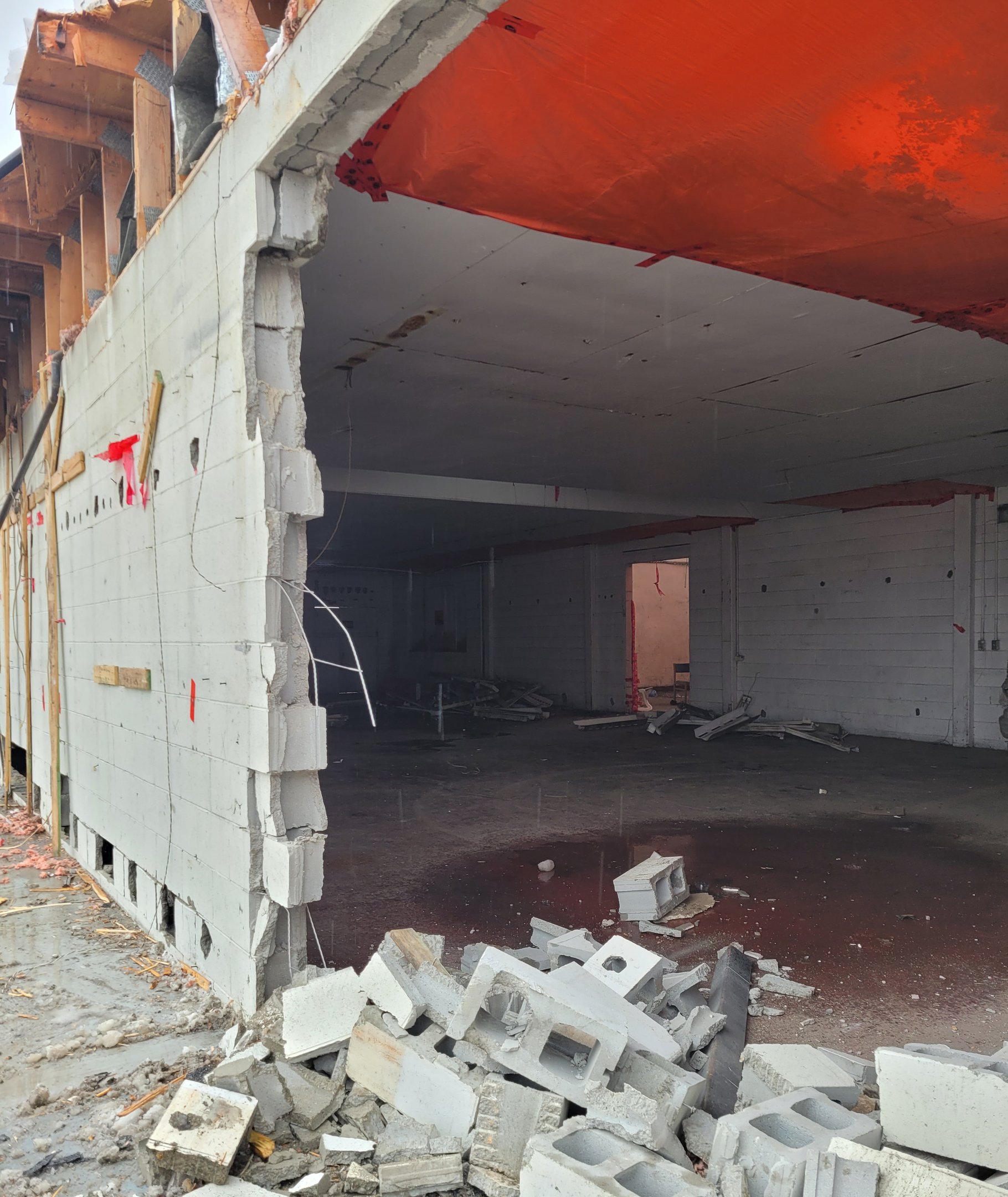 Warehouse cement brick wall damage