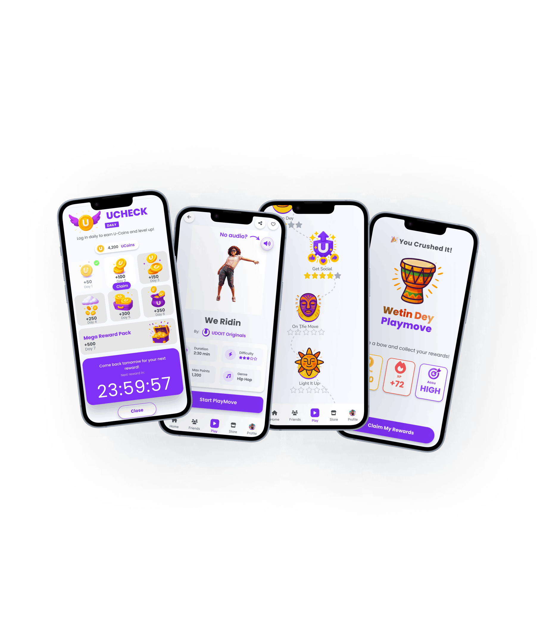 Promotional image showing multiple UDOIT app screens with rewards, PlayMoves, & progress tracking.