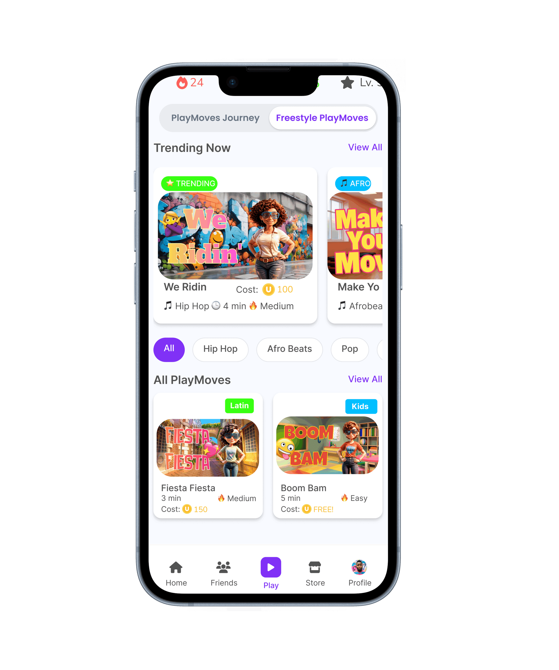 App screen showing a preview of PlayMoves users can choose from.