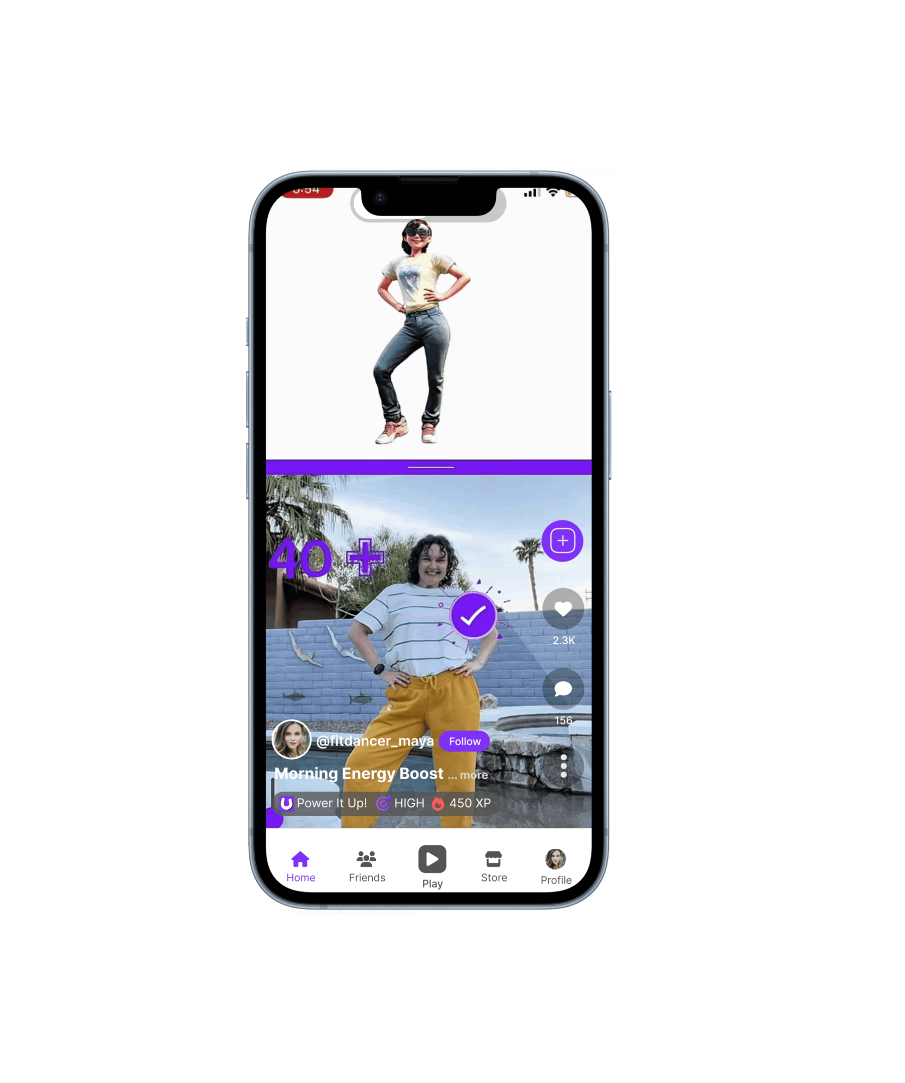 App screen showing a user posting a PlayMove video in the Watch feed.