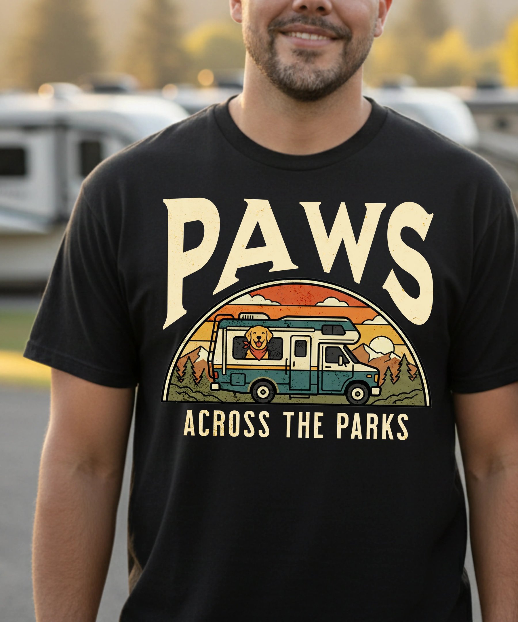 Horacio & Visconti Paws Across the Parks shirt — retro sunset RV and dog graphic on garment-dyed Com