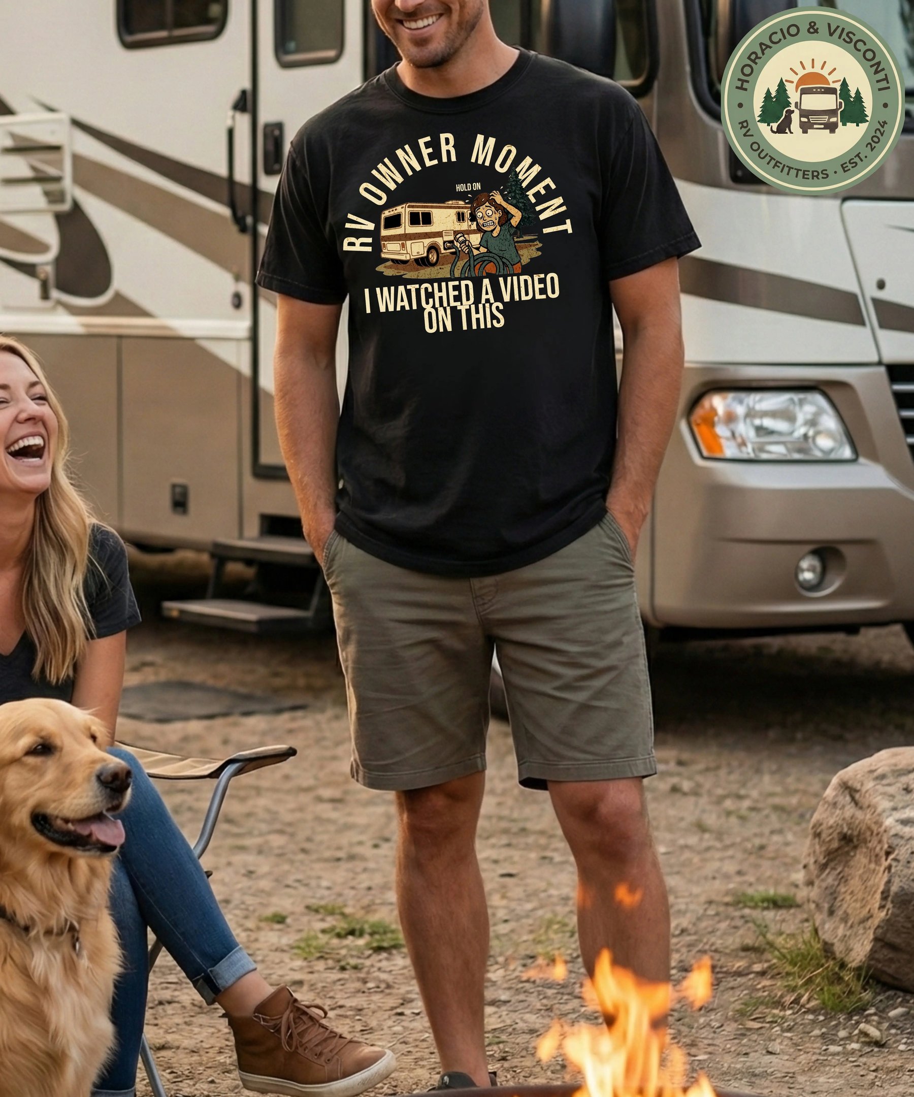 RV Owner Moment I Watched a Video shirt by Horacio & Visconti — couple at campsite with Golden Retr