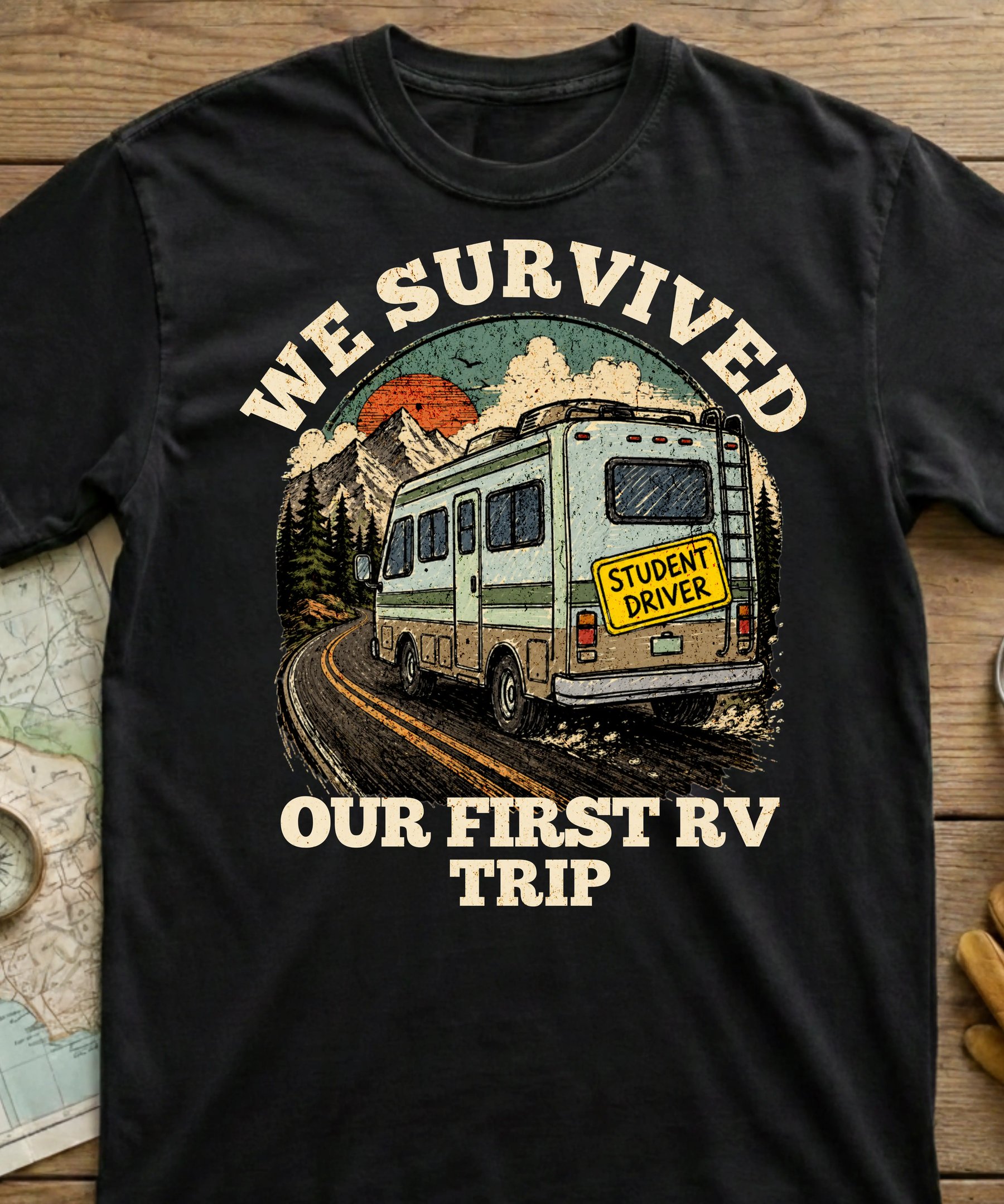 We Survived Our First RV Trip funny RV camping shirt on Comfort Colors — Horacio & Visconti