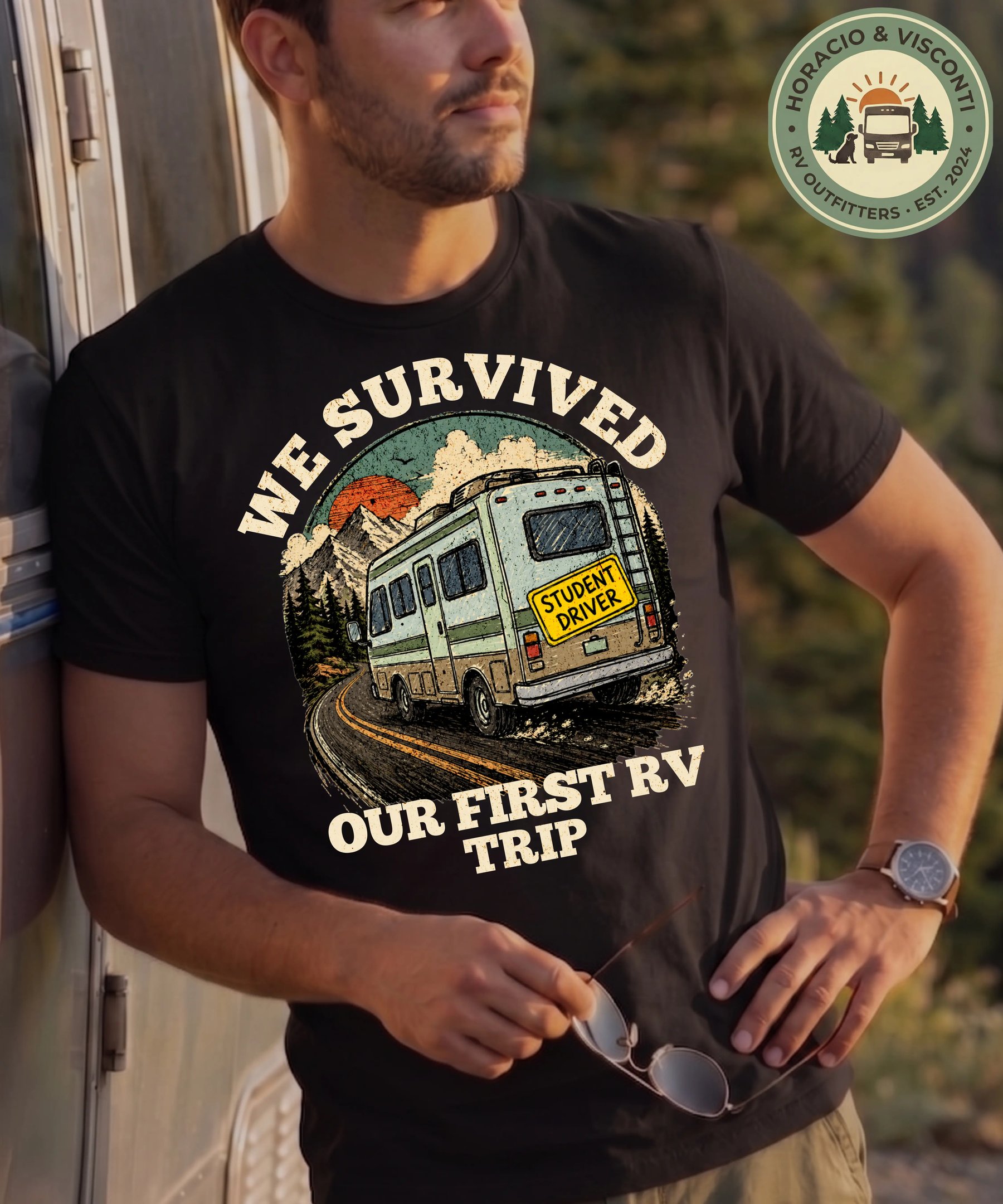 We Survived Our First RV Trip funny RV camping shirt on Comfort Colors — Horacio & Visconti