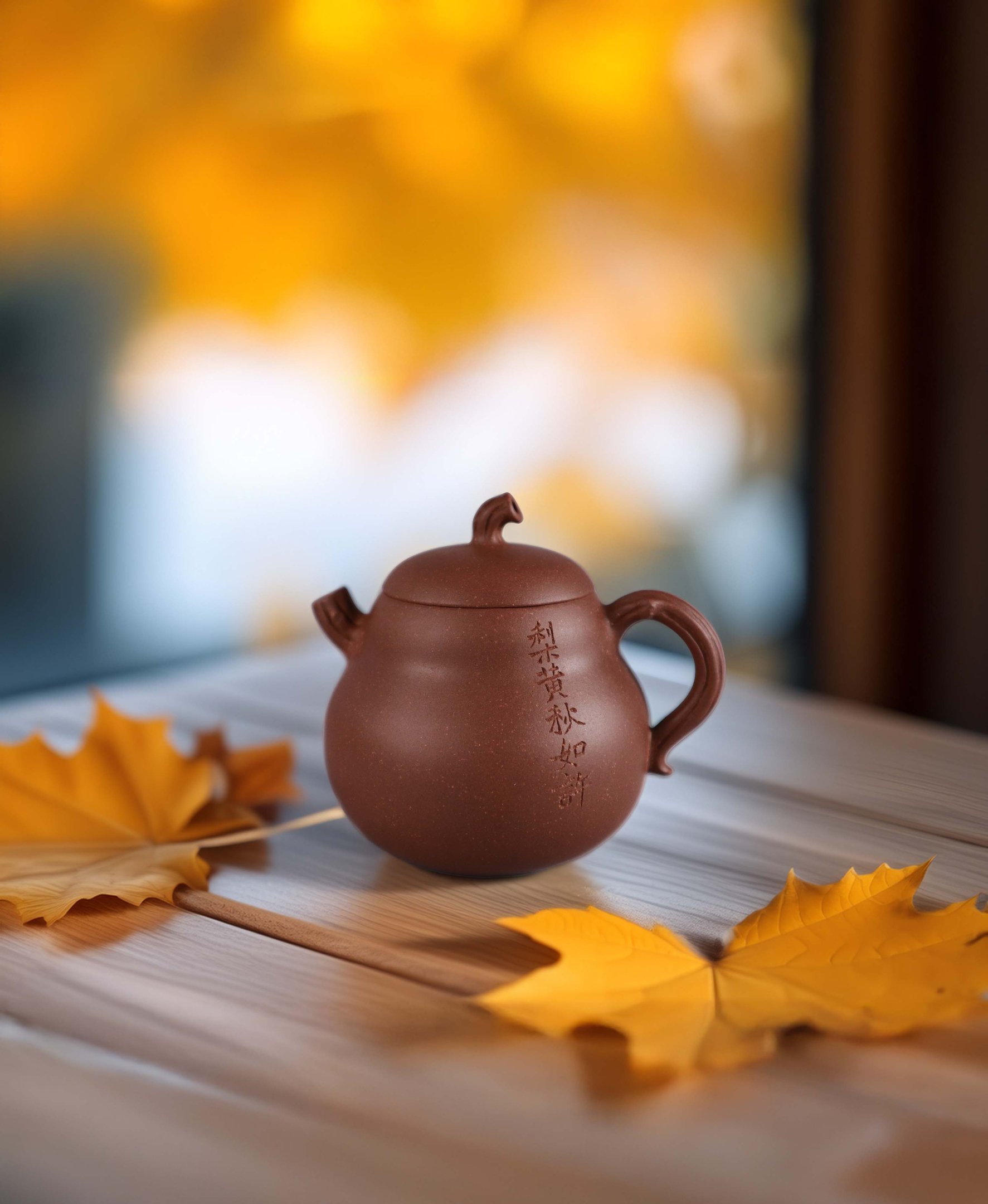 A carved teapot placed on a wooden table, accompanied by a maple leaf