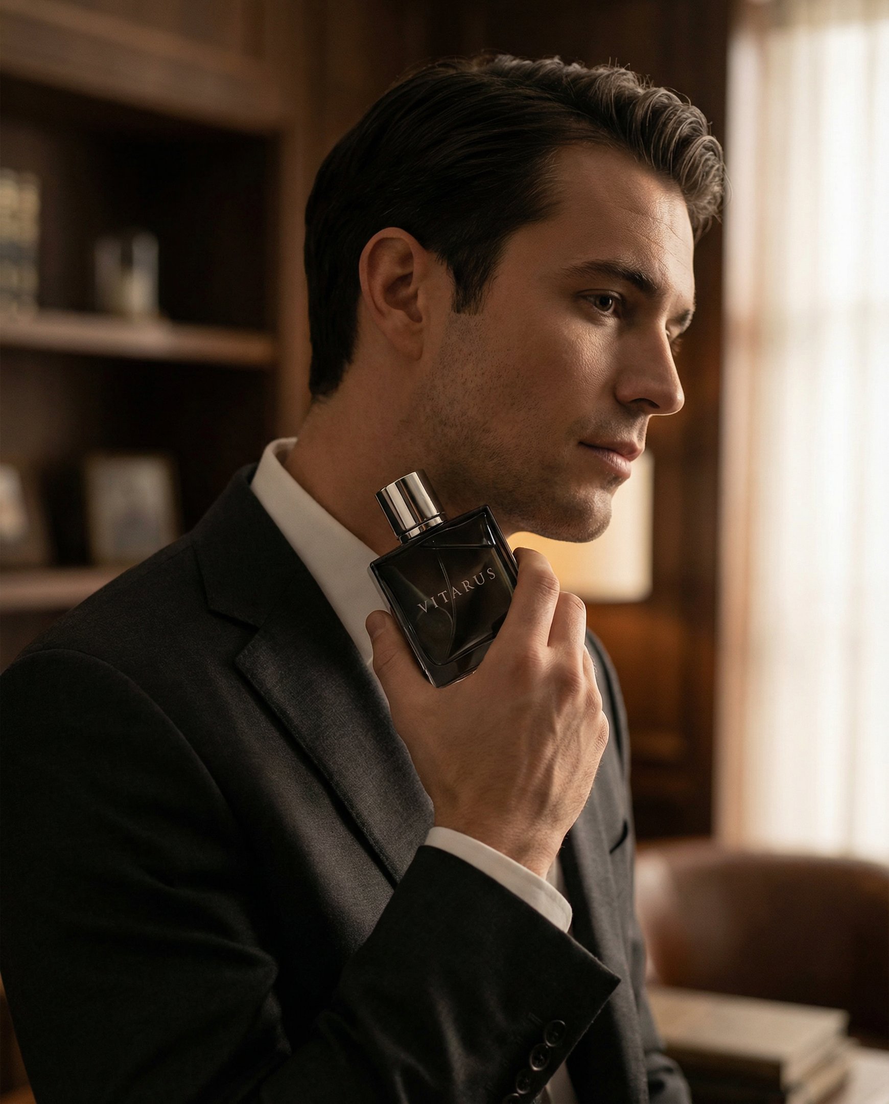 A well-dressed man in a suit holding a Vitarus luxury men's fragrance bottle in a library setting.