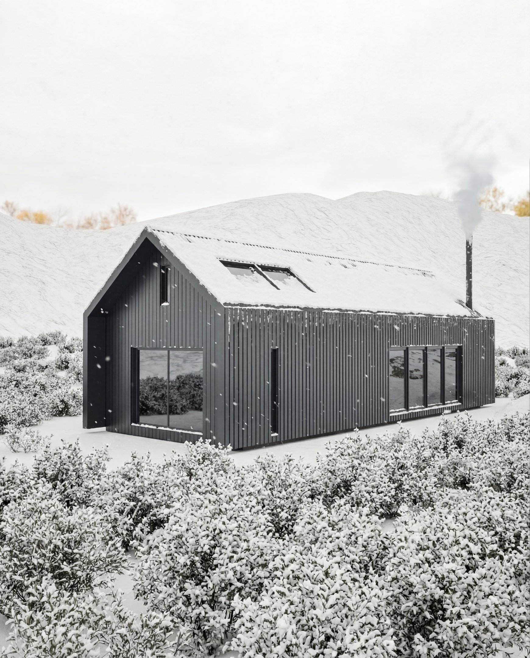 Modern cabin home plan exterior render with timber cladding