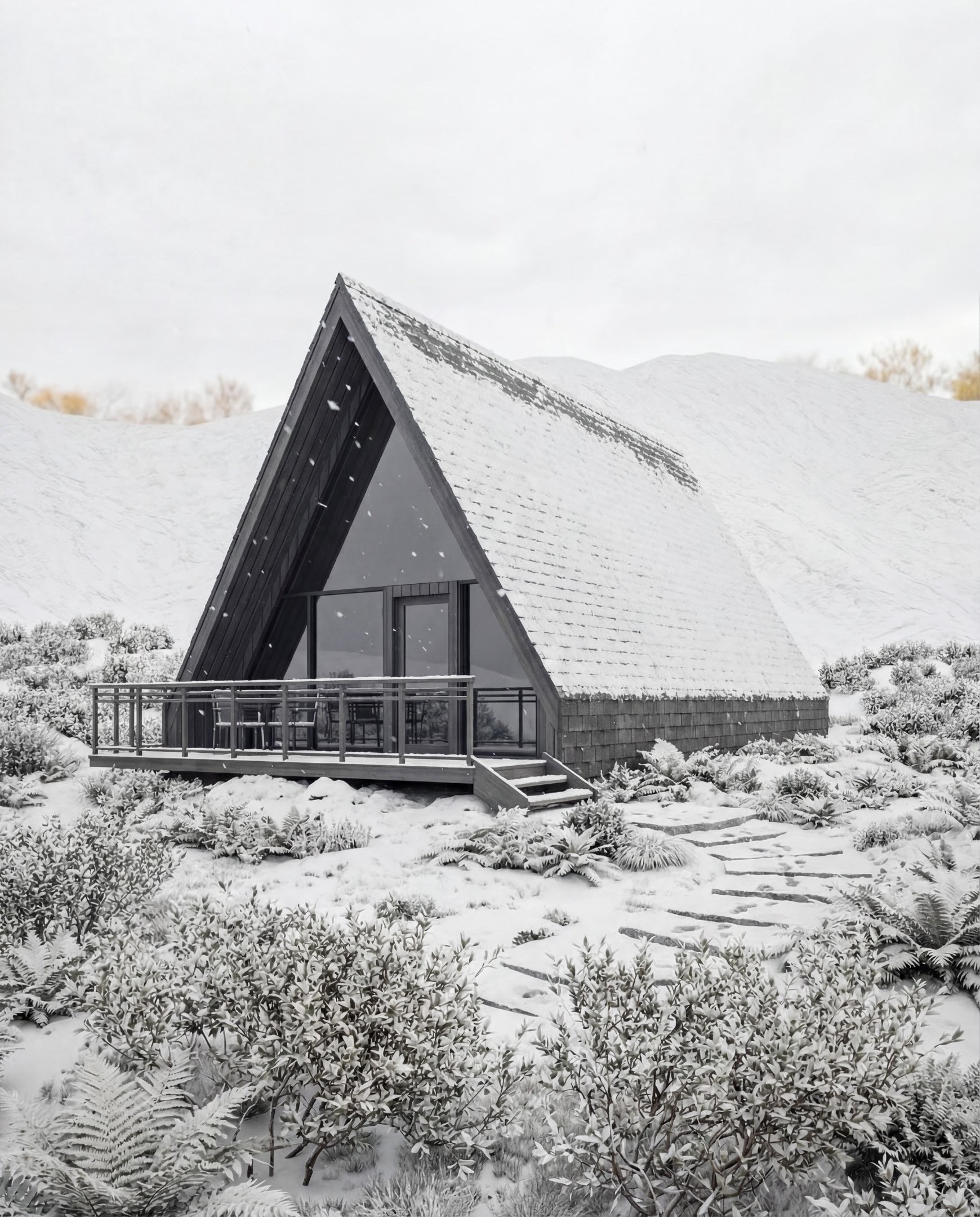 A-frame cabin plan exterior visualization for mountain living