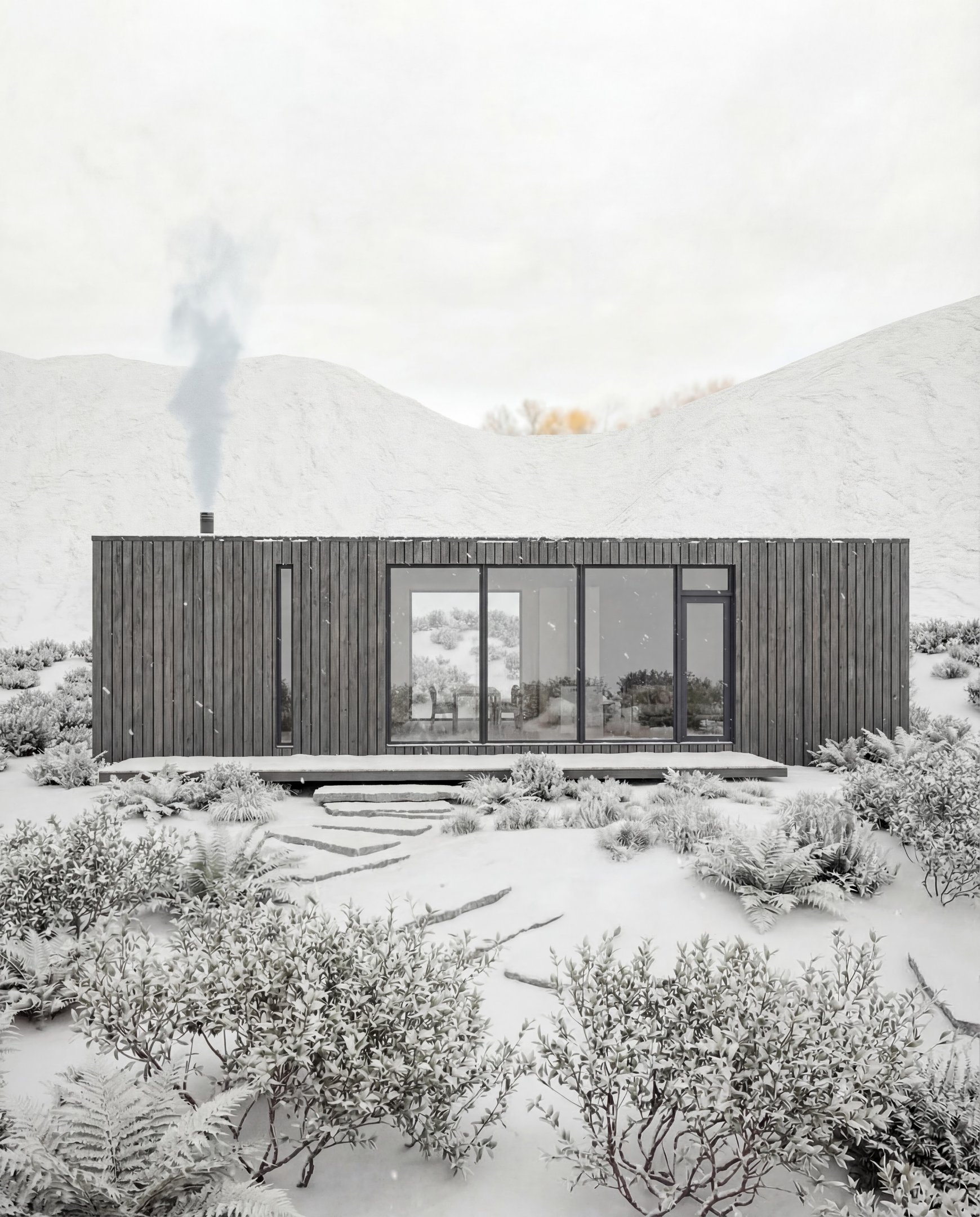 Contemporary cabin exterior design with large glass windows
