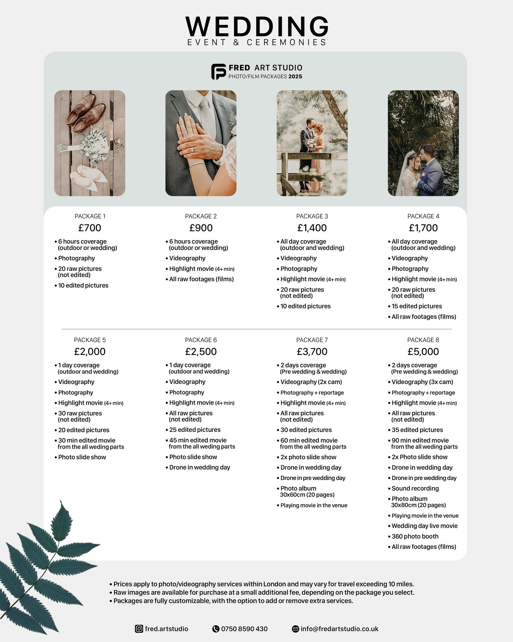 Fred Art Studio wedding pricing chart showing photography and videography packages from £700 to £5,0