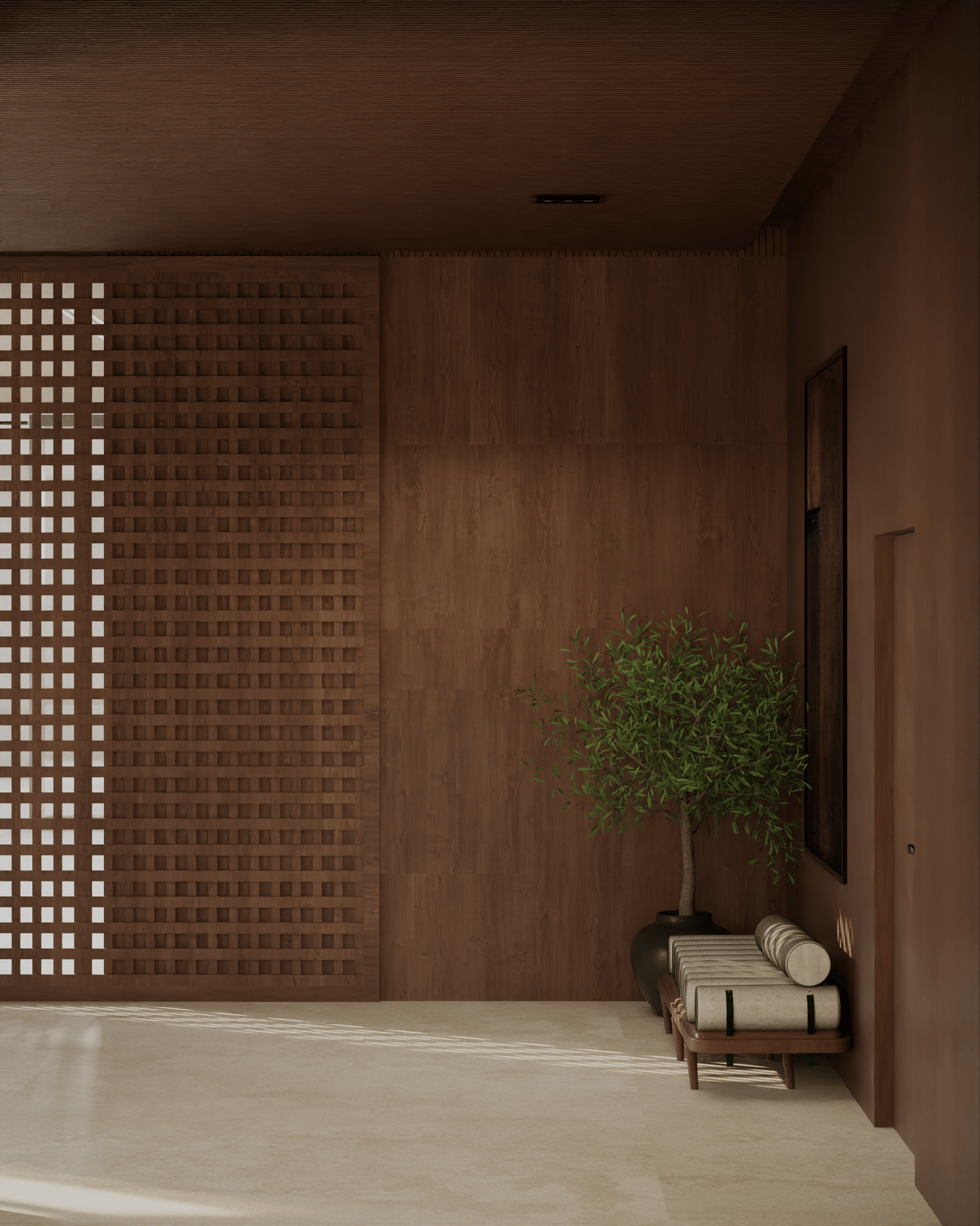 Warm interior with a wooden lattice screen and a daybed with a plant.