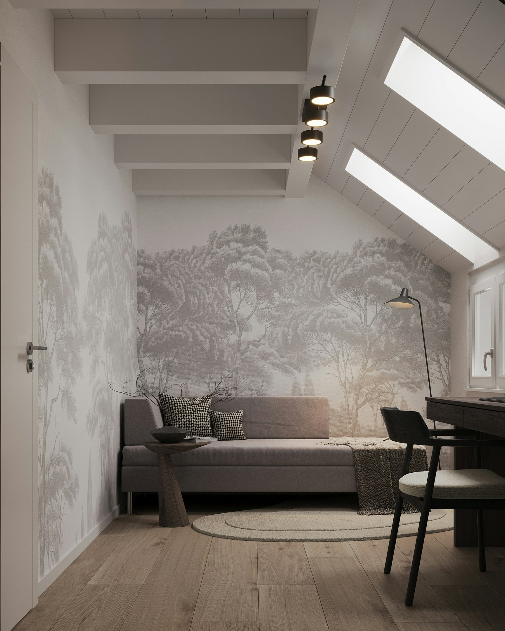 Minimal attic workspace with mural wall, skylight lighting and neutral furnishings