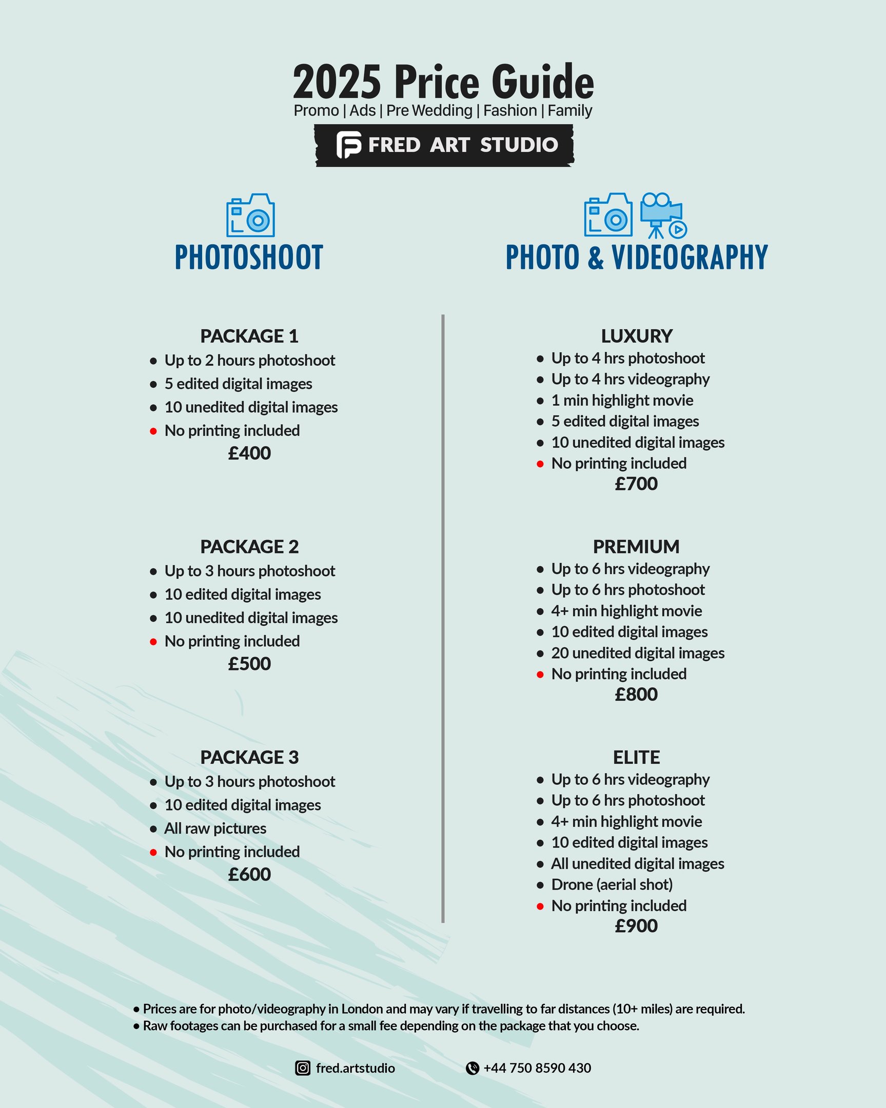 Fred Art Studio pricing charts for event and family photography and videography packages.