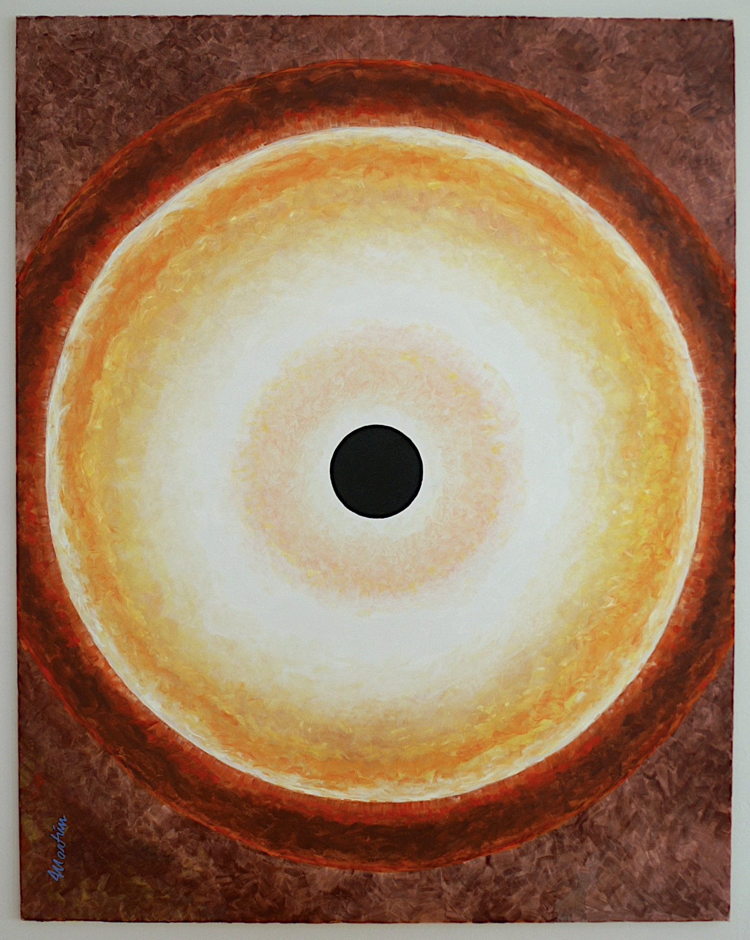 Abstract oil painting of a glowing solar eclipse with concentric orange and yellow rings.