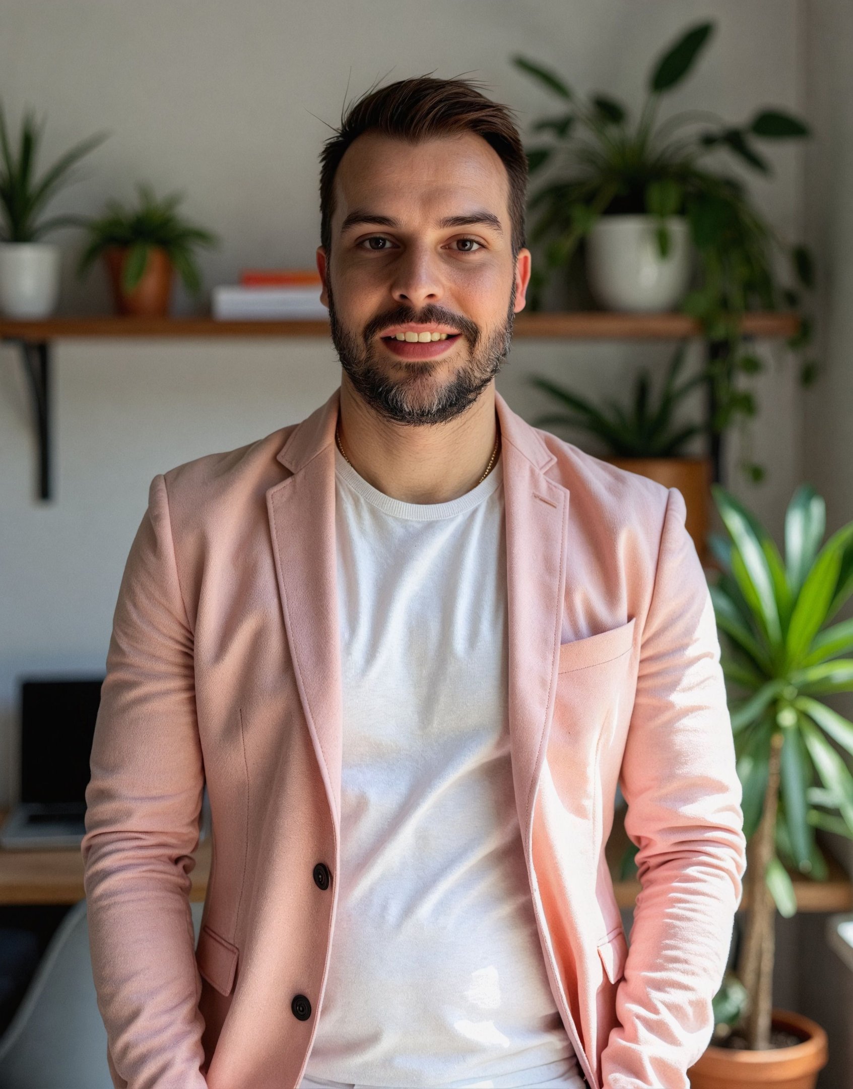 A photo of Nick in an office wearing a pink jacket and white tshirt