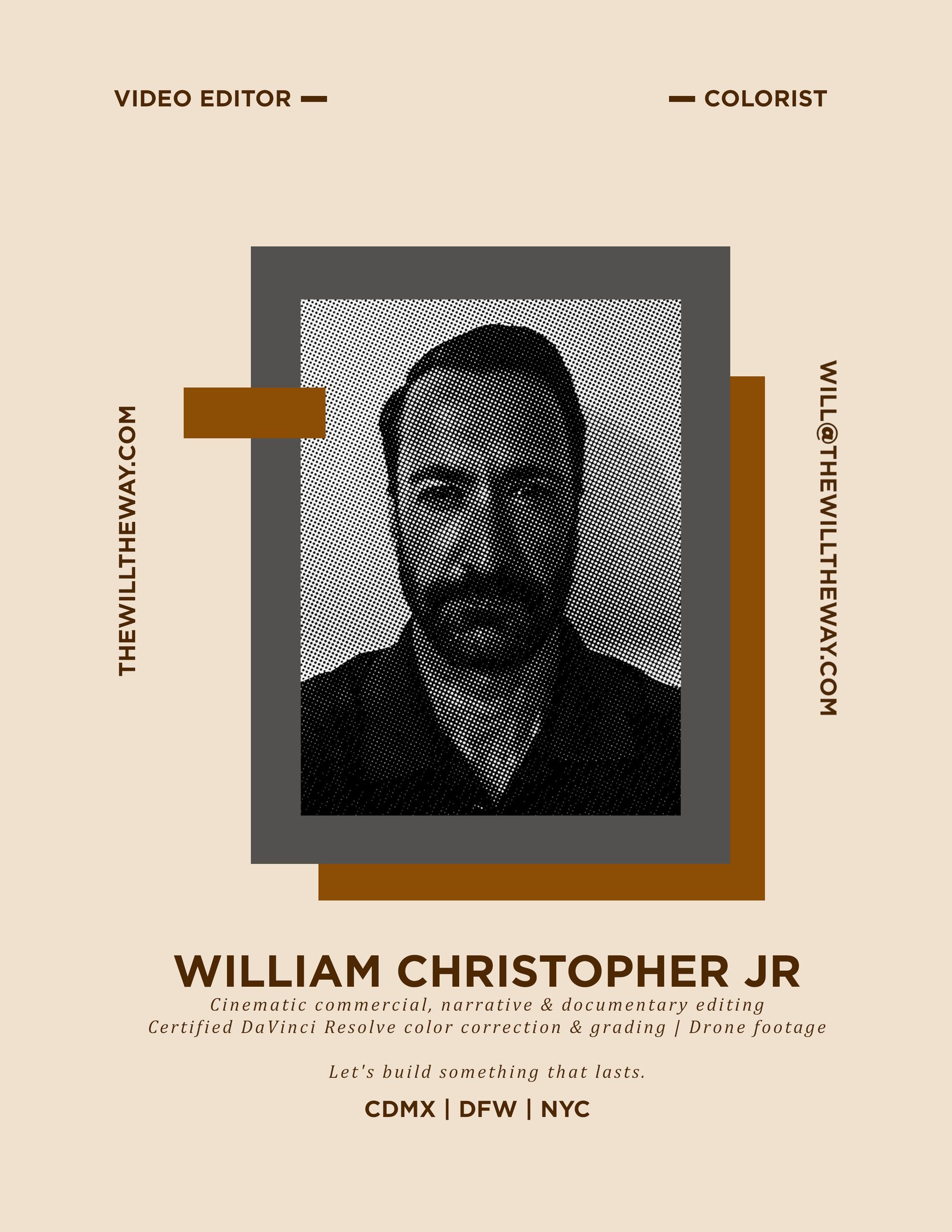 Professional portfolio card for video editor and colorist William Christopher Jr featuring a halftone portrait.
