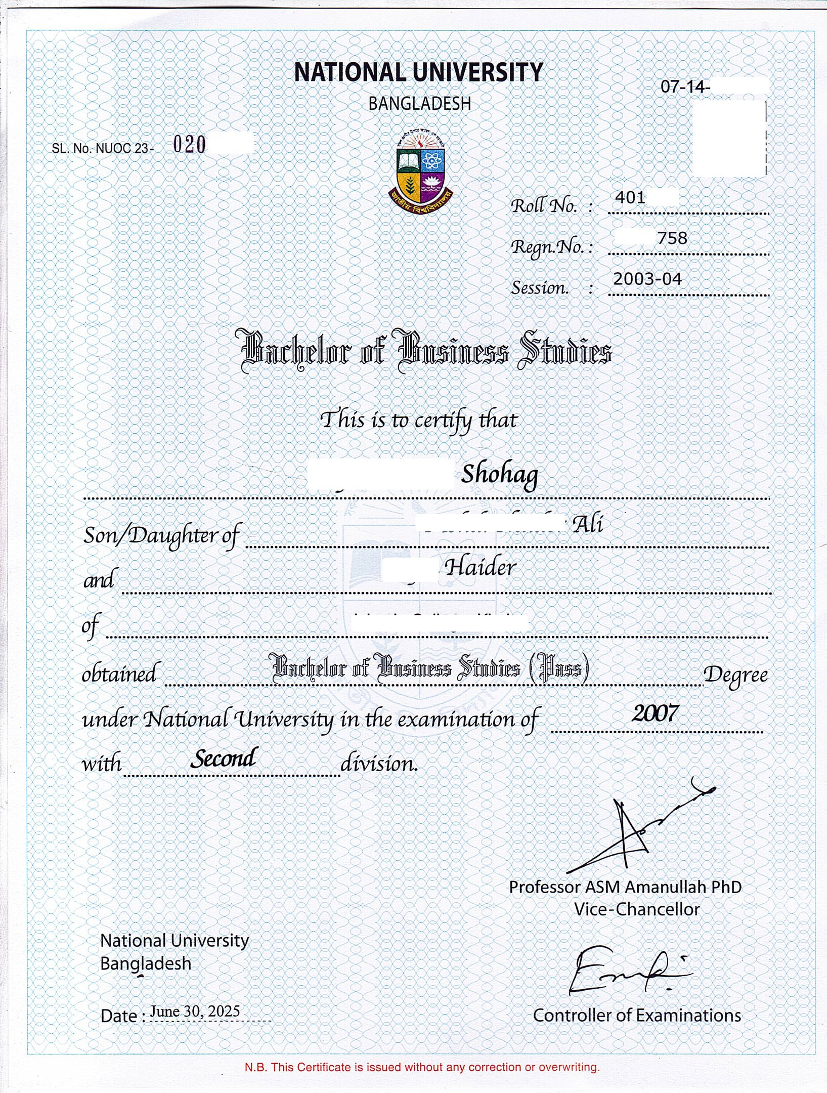 জাতীয় বিশ্ববিদ্যালয়ের মূল সনদ- Nu_ac_bd National Main Certificate