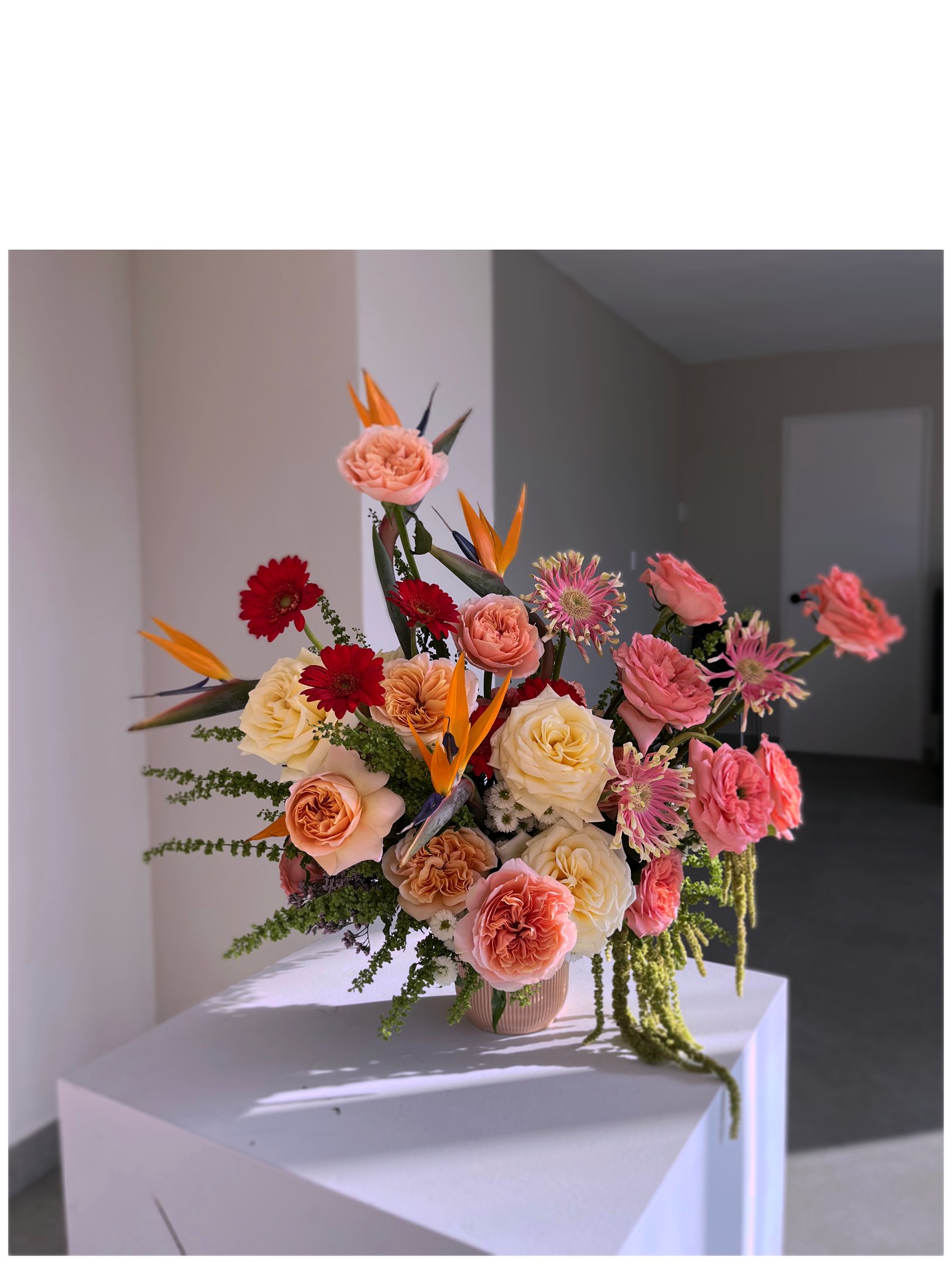 A colorful flower arrangement with peach roses, red gerbera daisies, and orange bird of paradise stems.