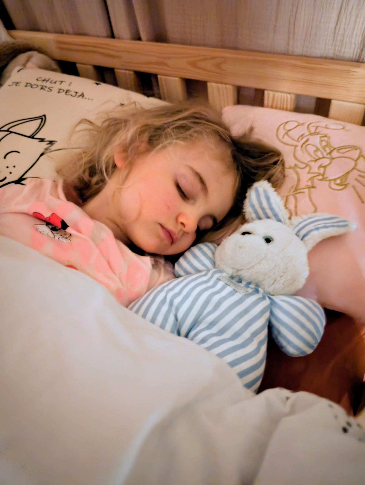 Une petie fille ui dors avec son doudou réparer par mimidoudou and co rouen