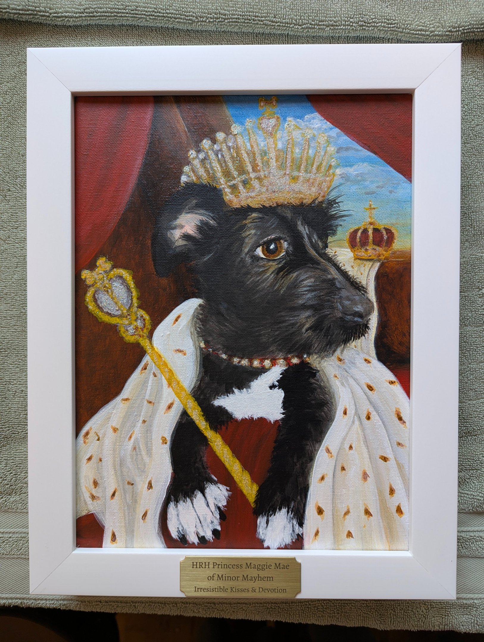 A humorous portrait of a black terrier mix wearing a crown in royal pose. Painted by Kathy LaFollett.
