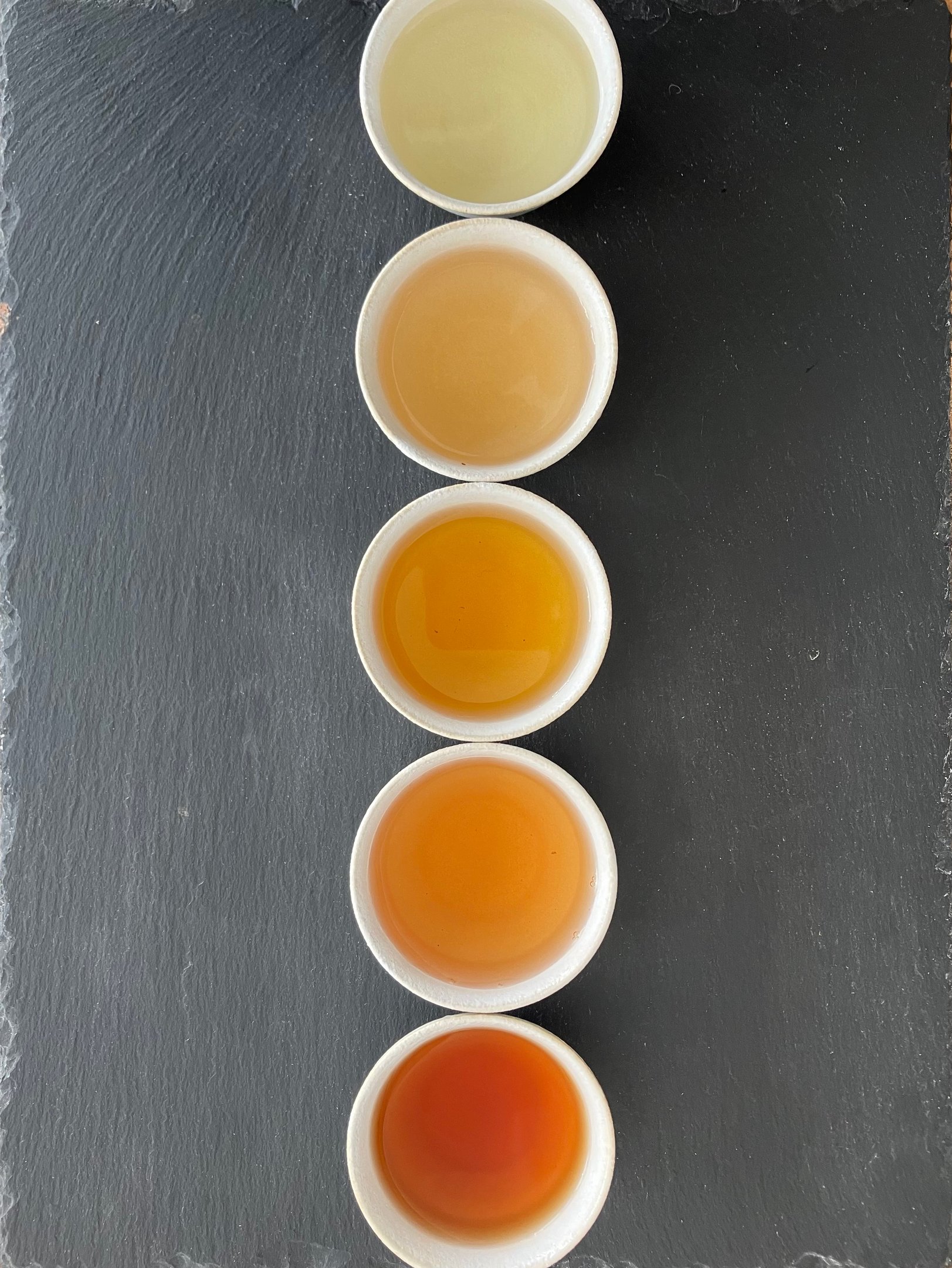 Tasses alignées contenant différents types de thés.