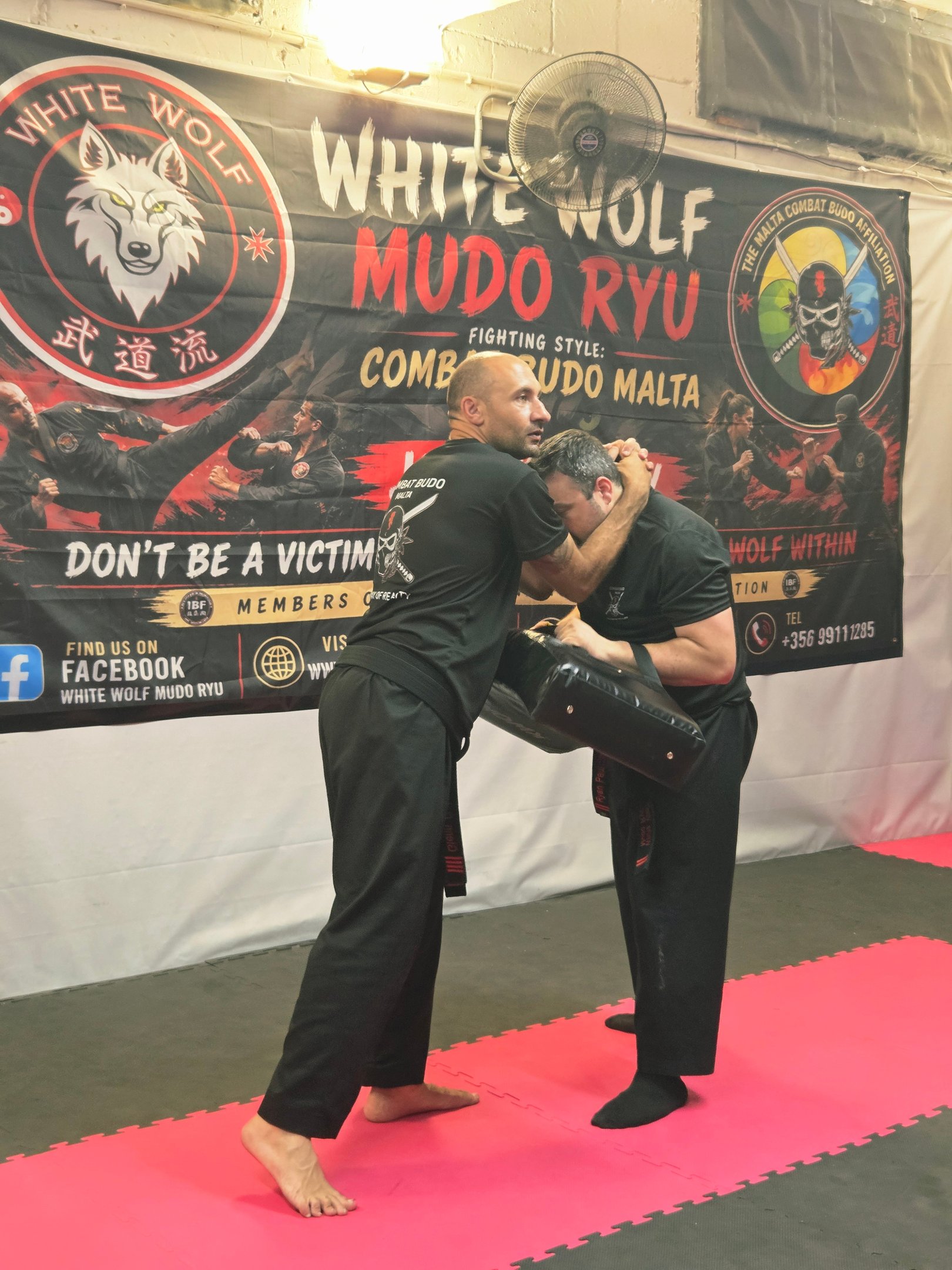 Two martial artists practice knee strikes on a strike shield at White Wolf Mudo Ryu combat budo gym.