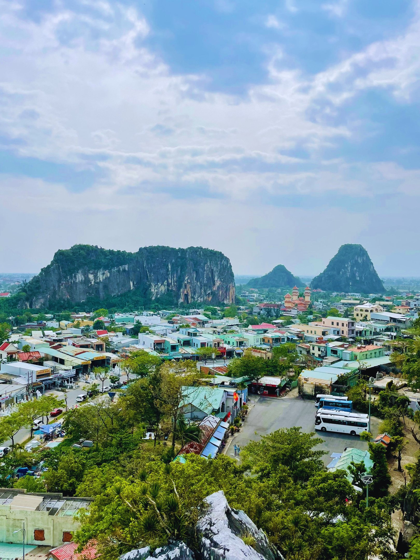 View of Marble Mountains and surrounding village in Da Nang, Vietnam