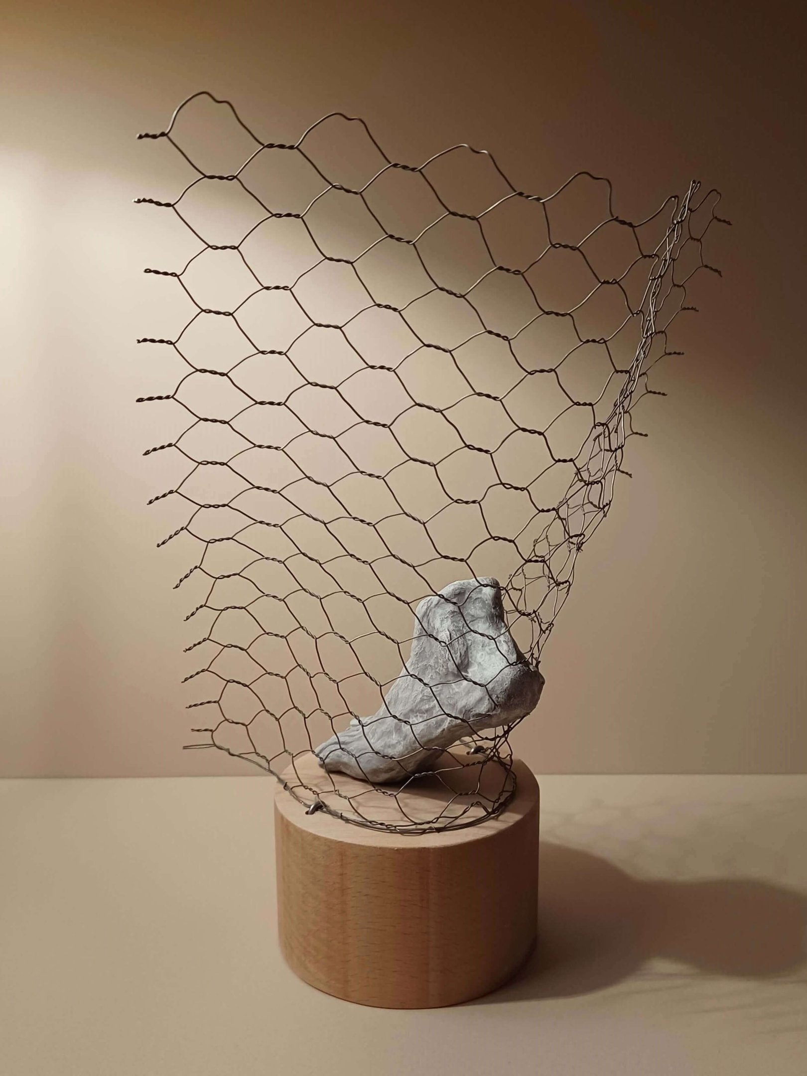 A sculpture of a single foot resting on toes, surrounded by wire netting, painted blue-greys