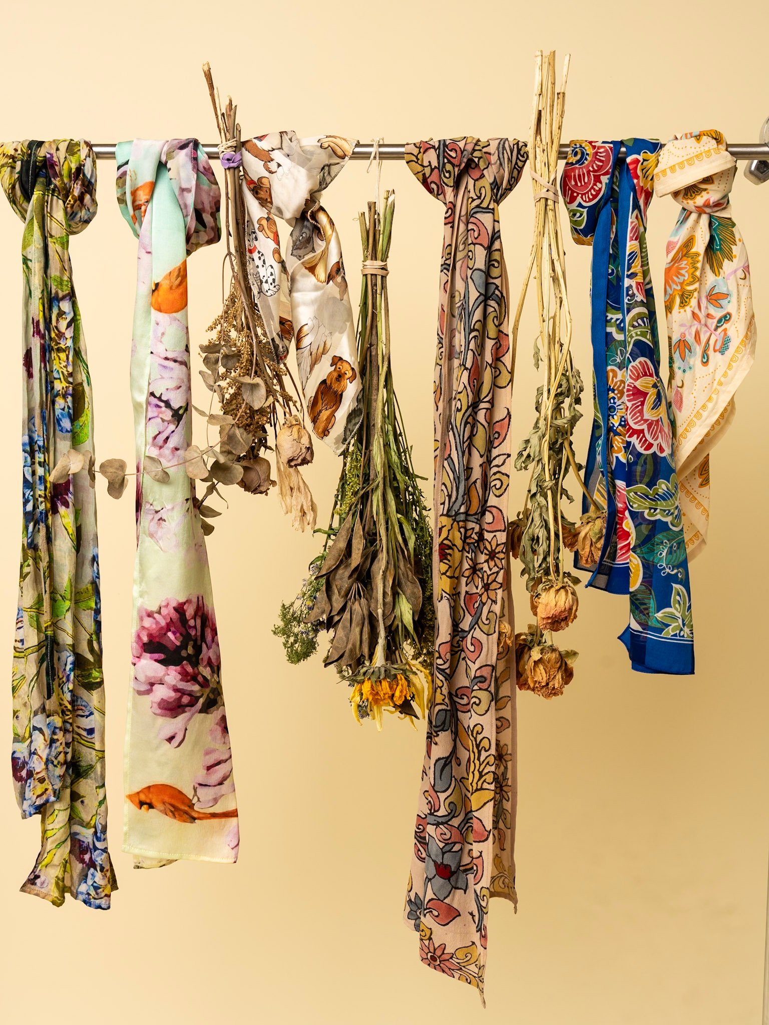 hanging scarves with flowers 