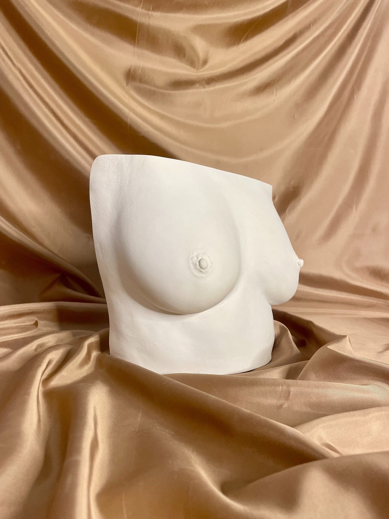 Moulage poitrine plâtre sur fond doré - Moulage intime Bordeaux