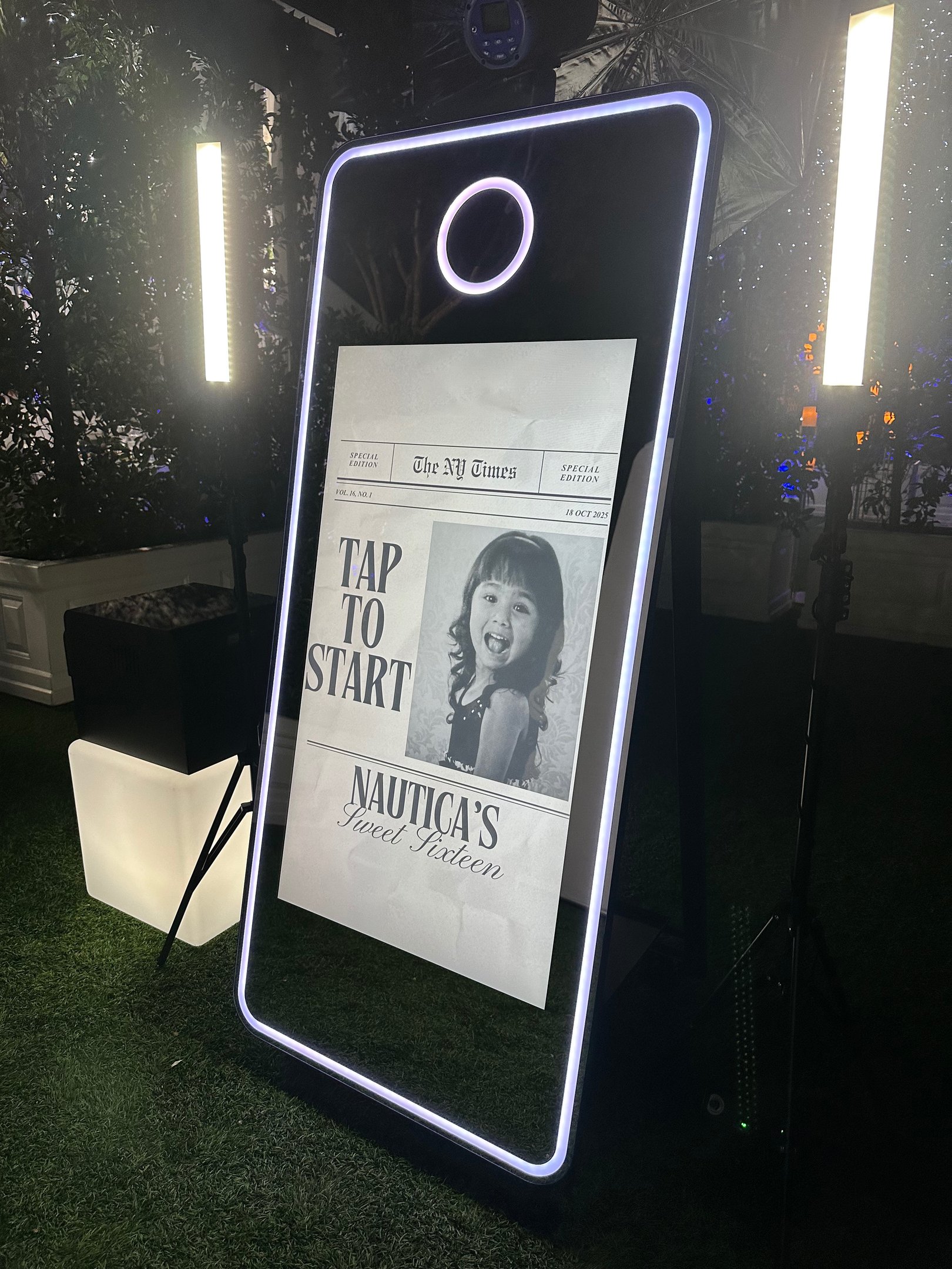 Mirror photo booth interactive tap-to-start screen at a Sweet 16 celebration in Southern California