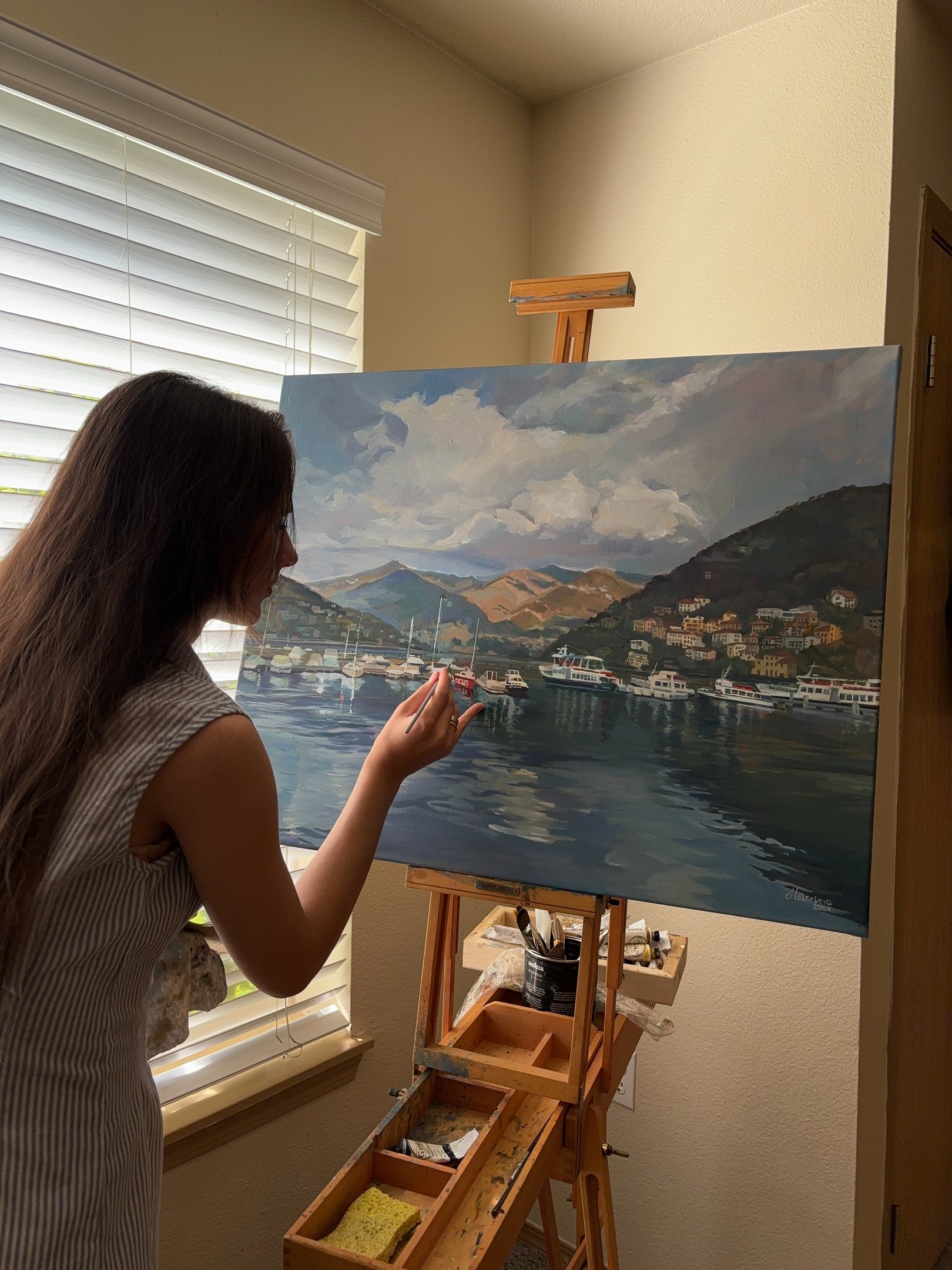 'Whispers of Como' 24x30 inches Serene Harbor oil painting by Angela Moiseieva