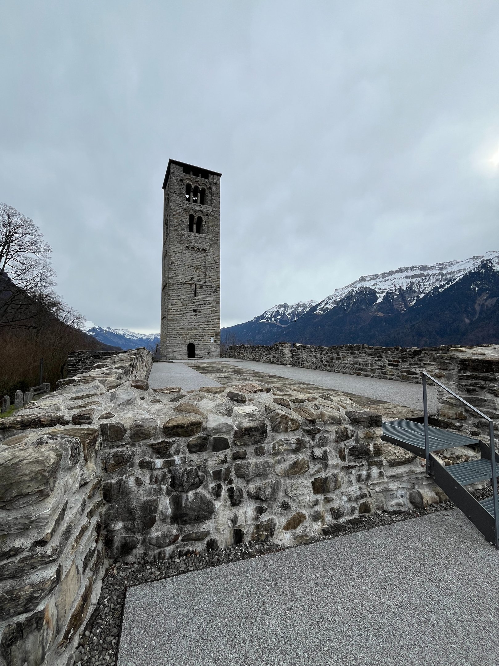 Looking up at the tower of Kirchenruine Goldswil in Interlaken Switzerland