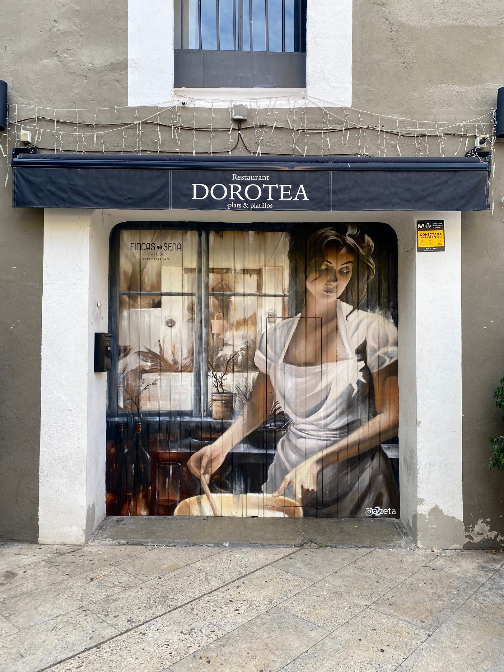 Intervención artística sobre persiana metálica pintada con spray. Diseño figurativo contemporáneo co