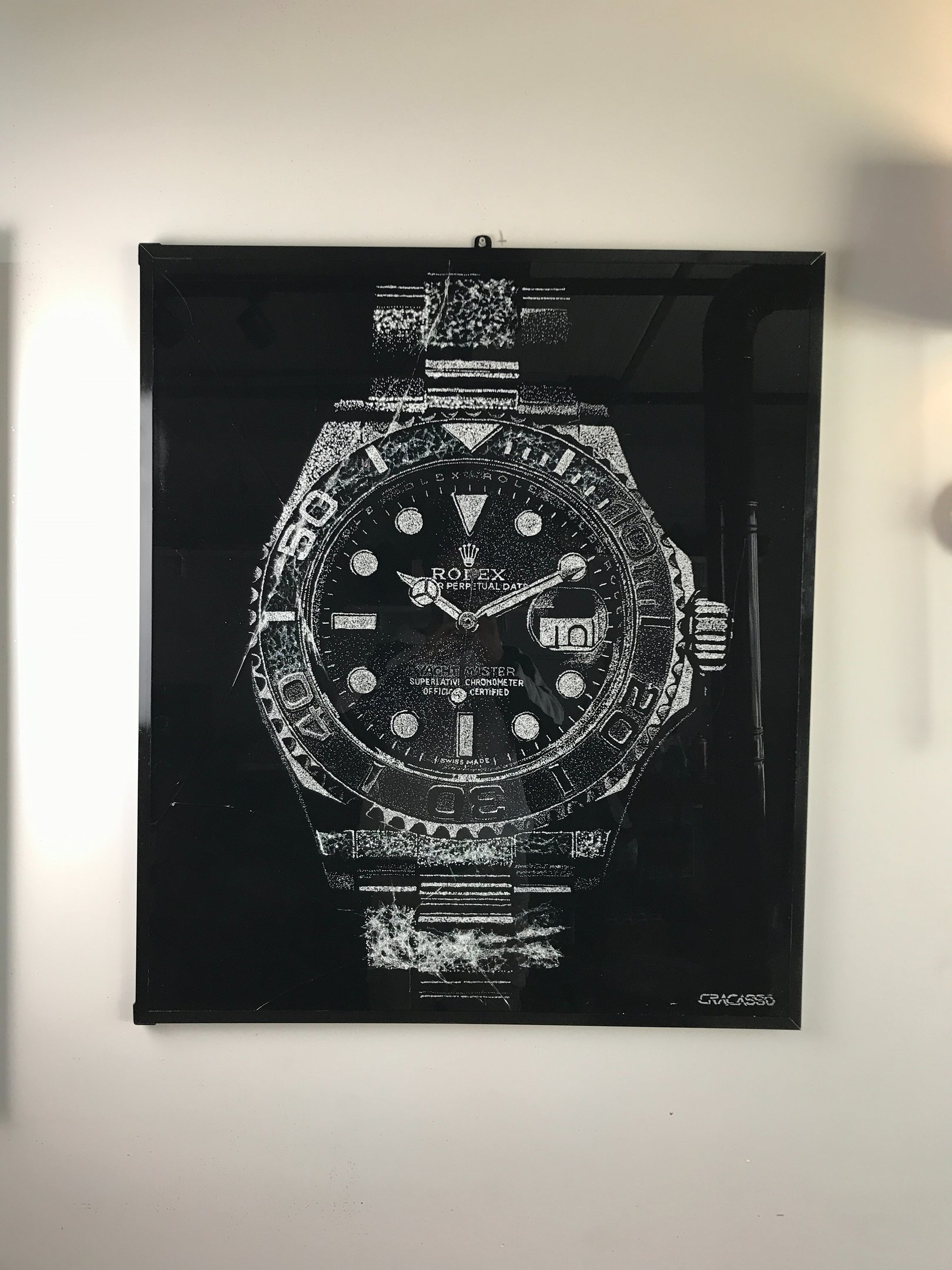 Original broken glass art featuring a luxury Rolex watch face - Handcrafted unique glass sculpture