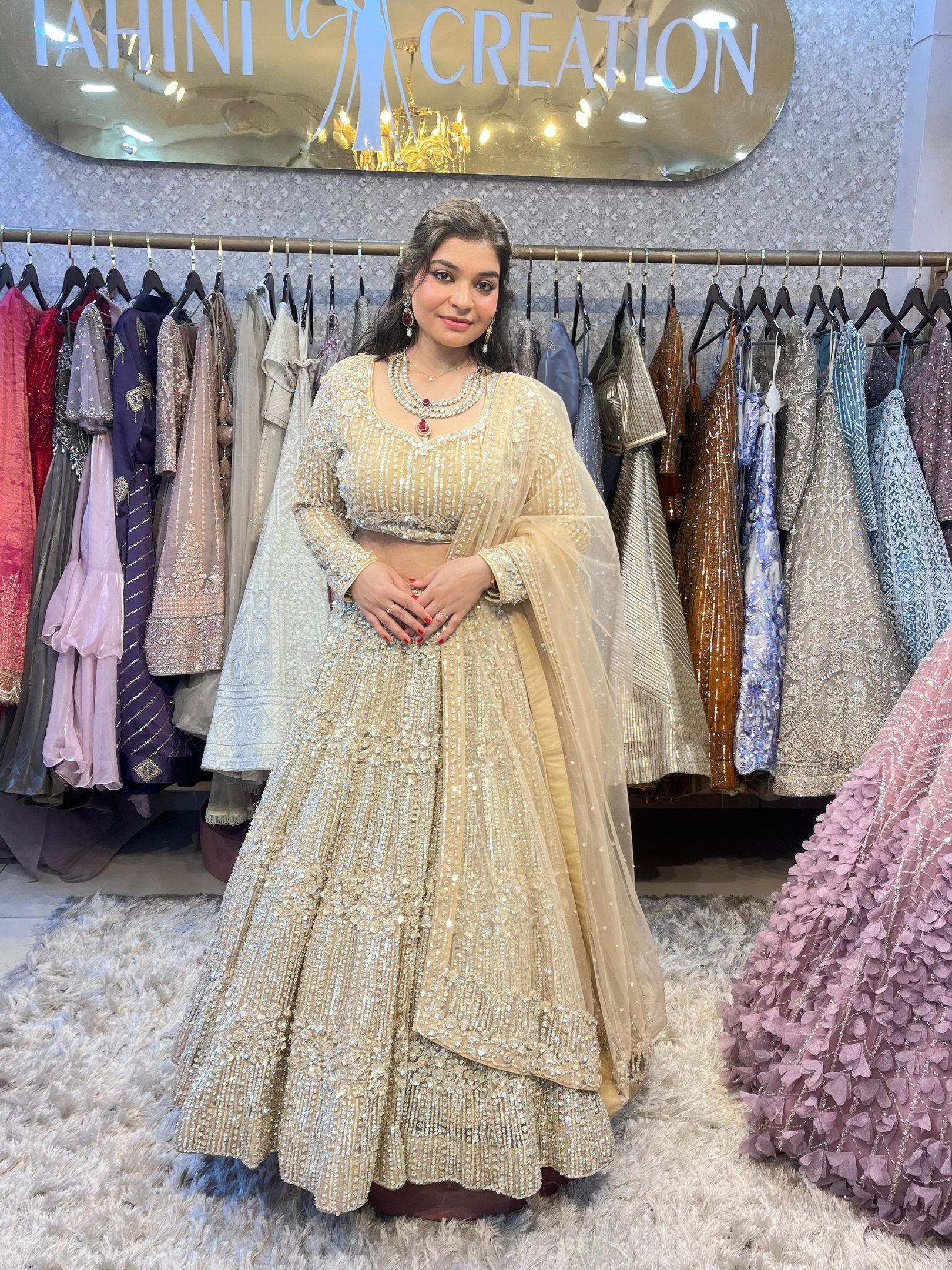 Bridal and festive designer lehengas available on rent in Rohini, Delhi.