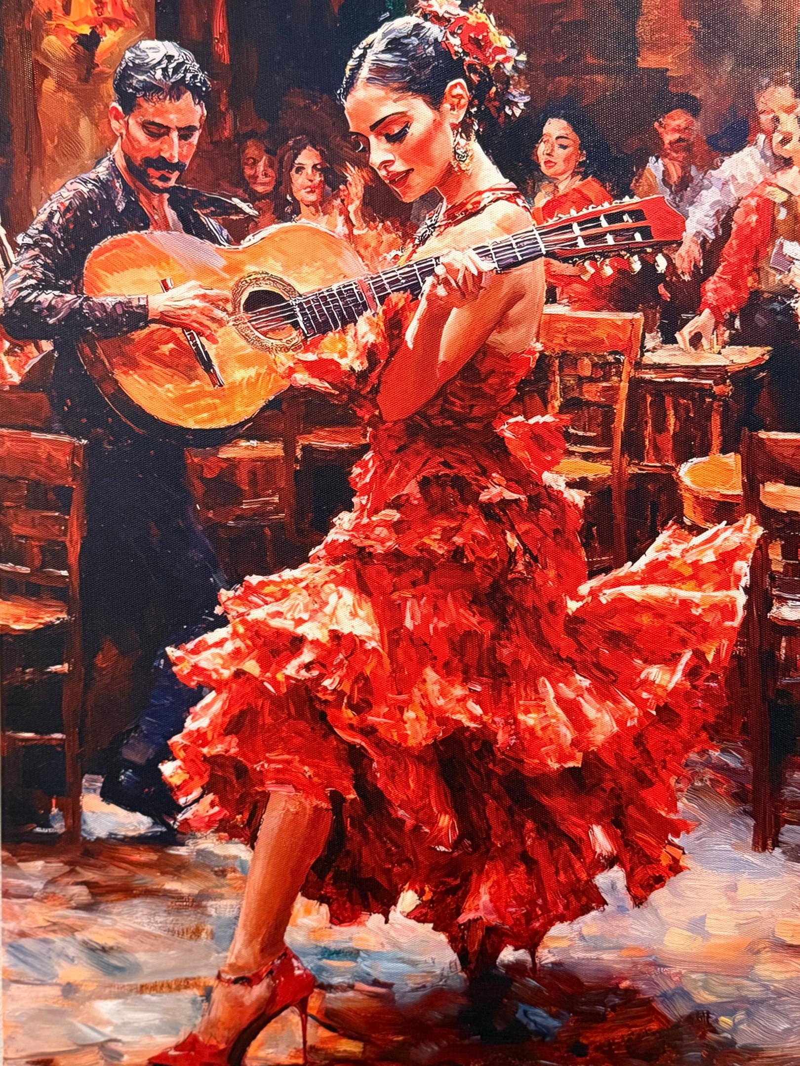 a painting of a Authentic Spanish woman in a red dress dancing 