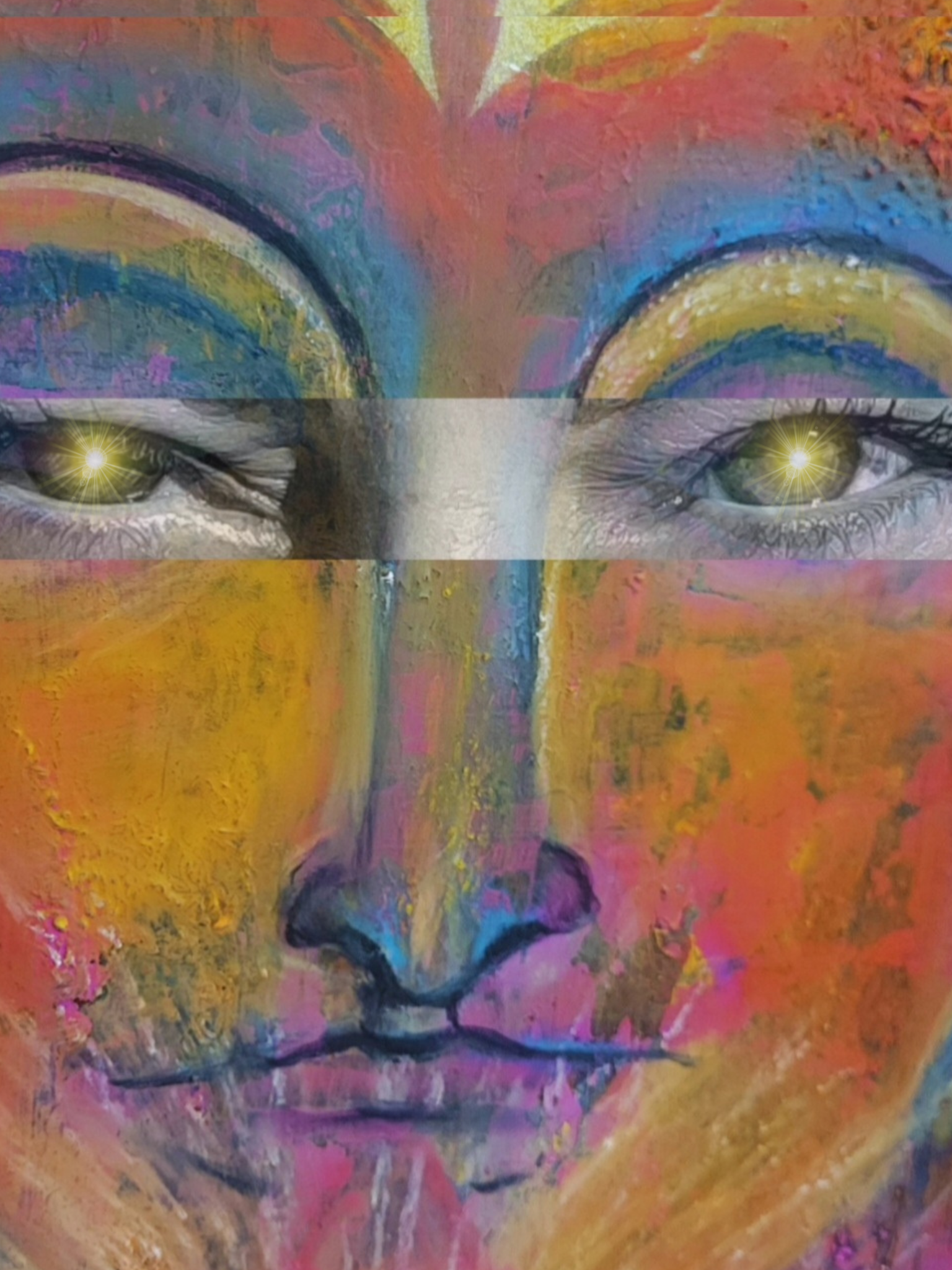 a painting of a face with a cross on it