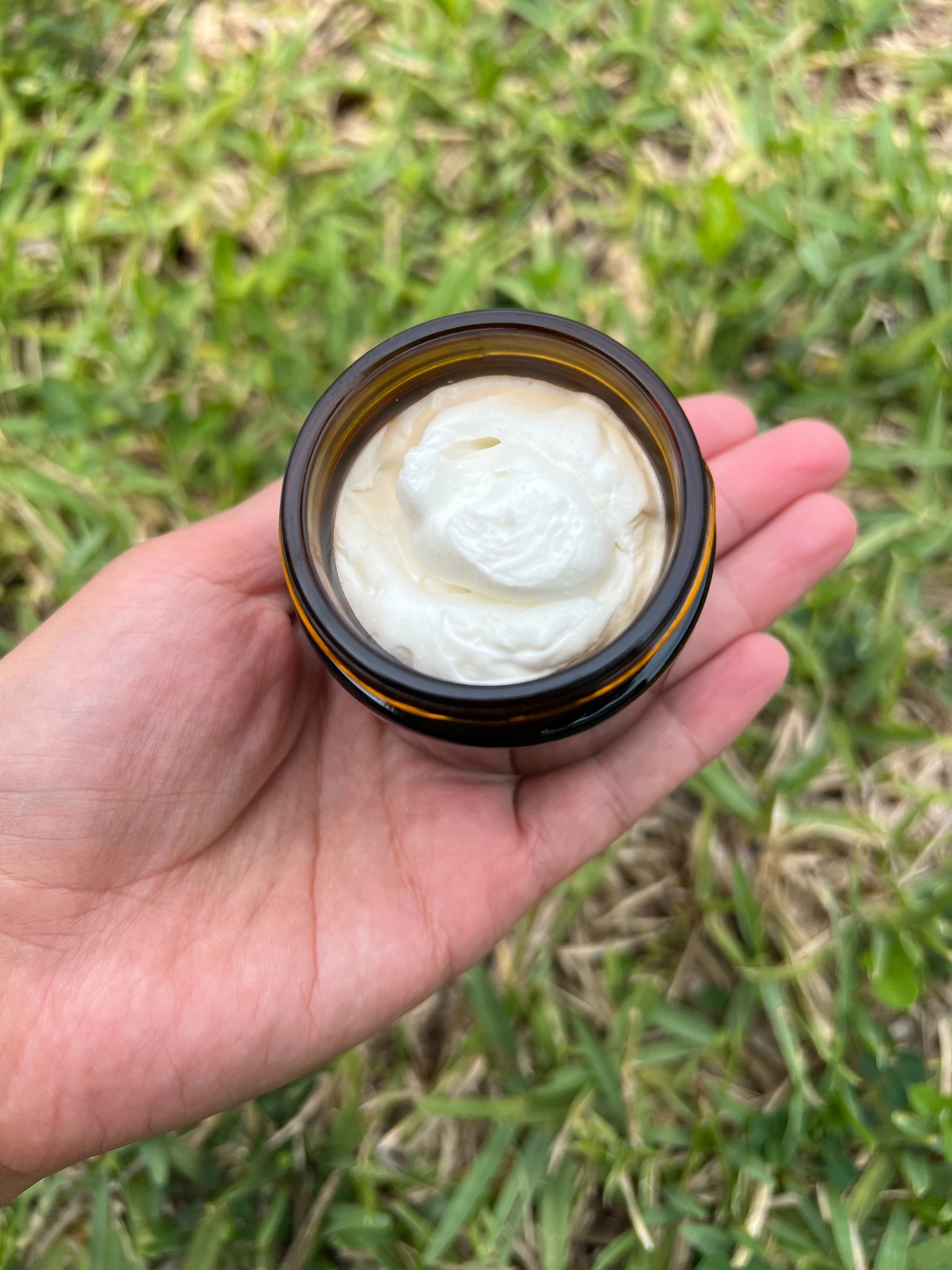 Whipped tallow cream freshly prepared in amber glass jar, eco-freindly skincare handmade by Vacaluna