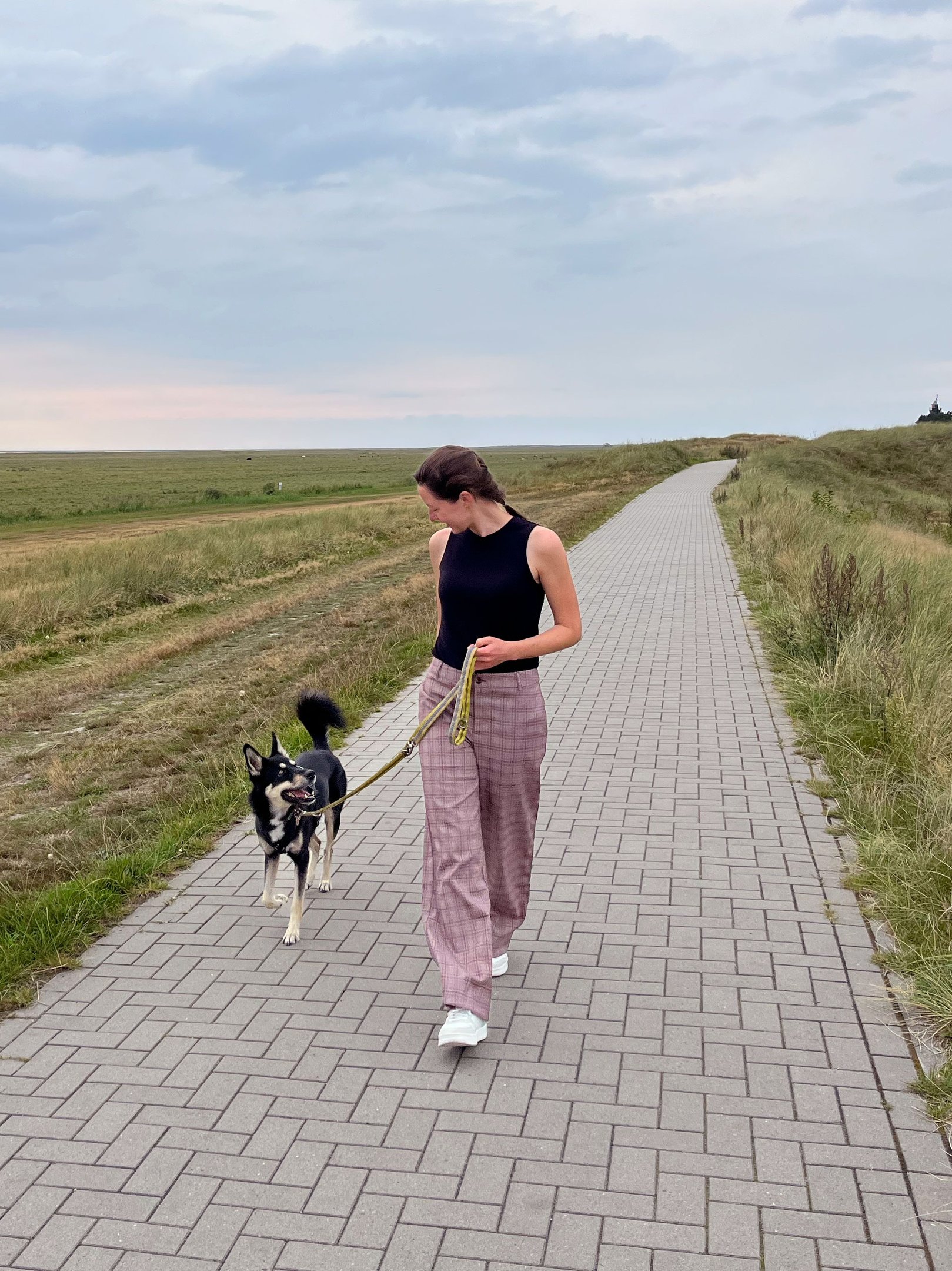 Hundetrainerin mit Hund beim üben Leinenführigkeit