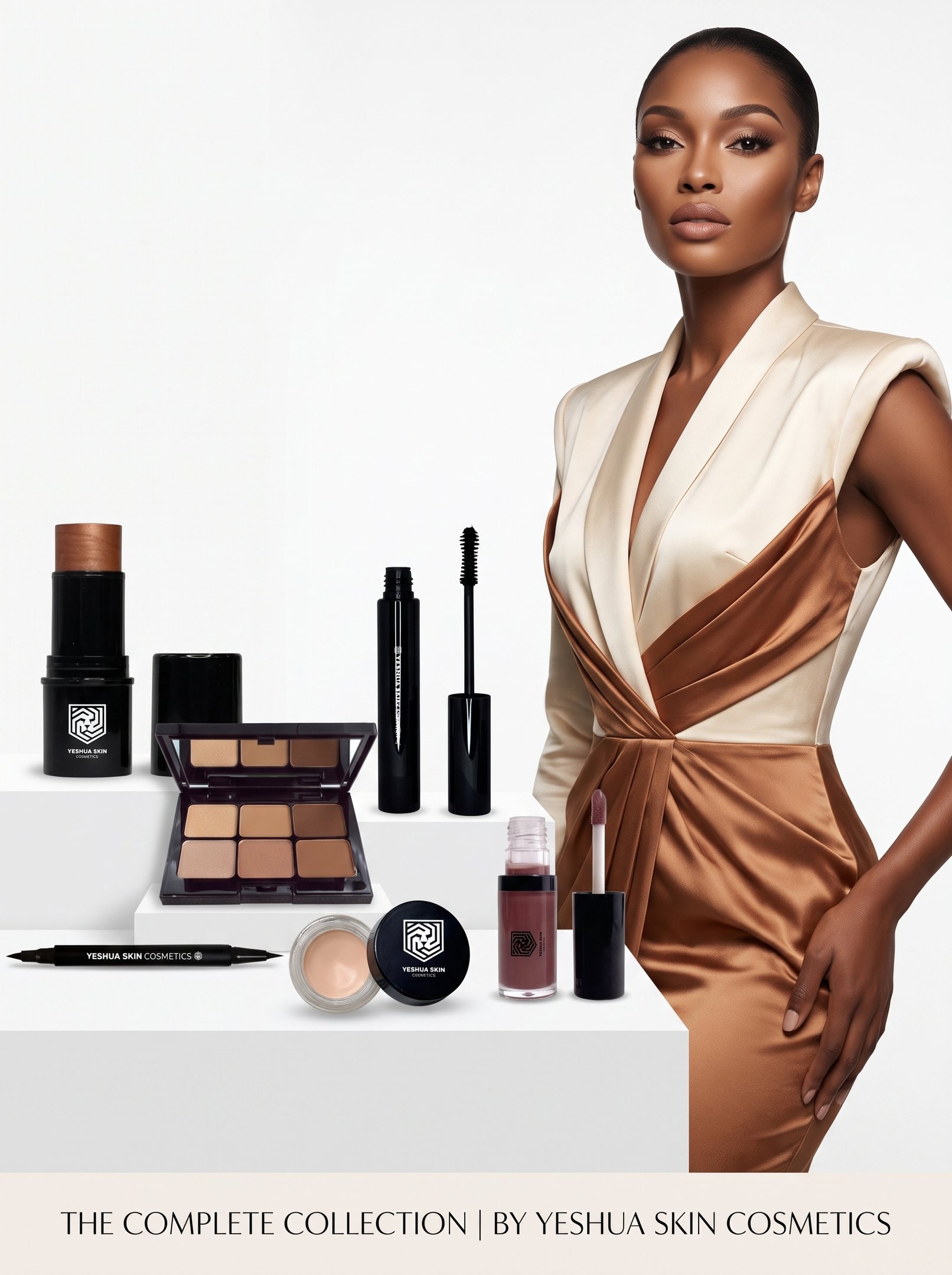 Elegant model posing with Yeshua Skin Cosmetics makeup collection including foundation and mascara.