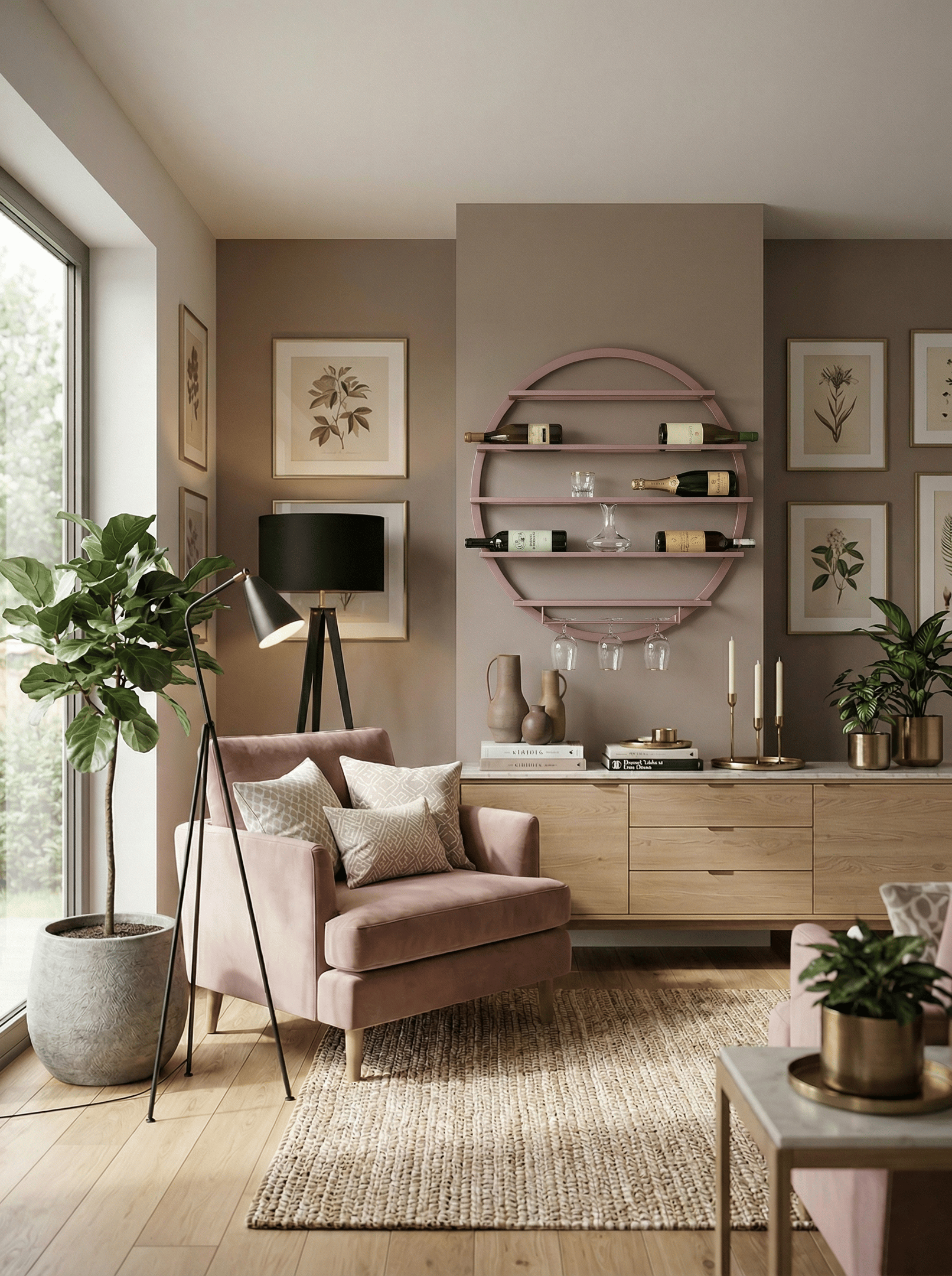 Modern living room featuring a pink velvet armchair, circular wine rack, and indoor plants.