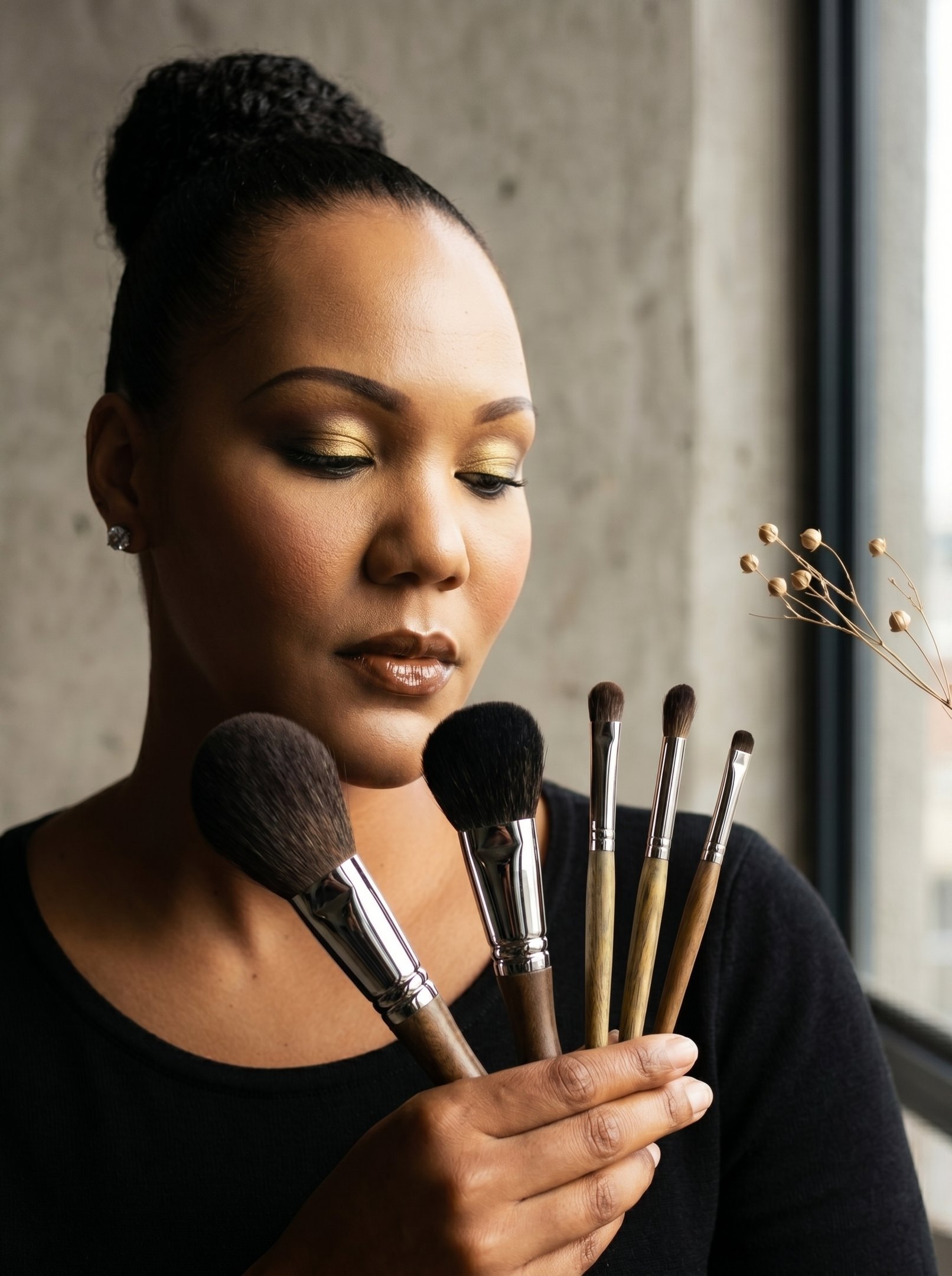 A makeup artist with gold eyeshadow holding a professional set of blending and powder brushes.