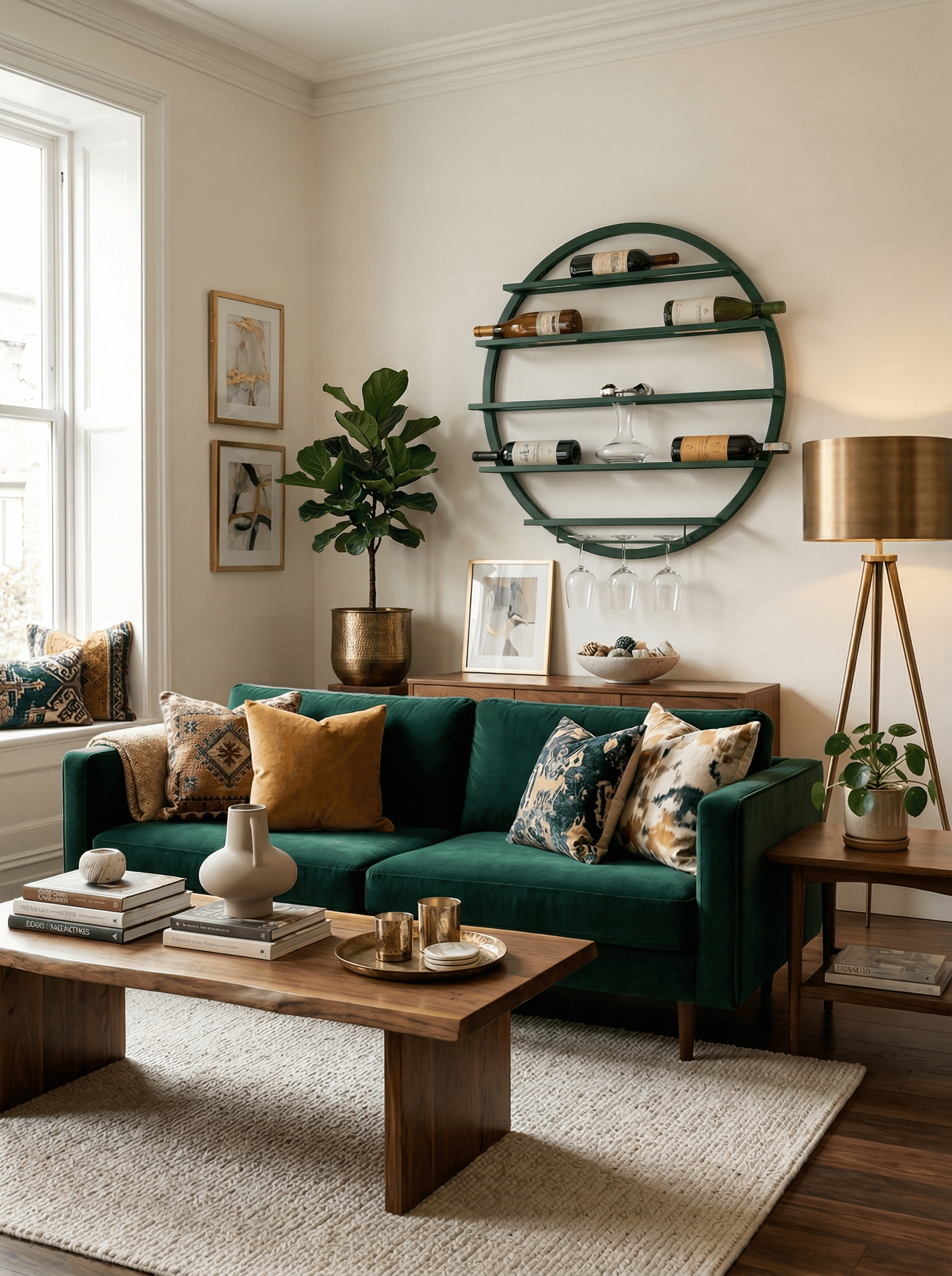 Modern living room featuring a green velvet sofa, wooden coffee table, and a circular wall-mounted wine rack.