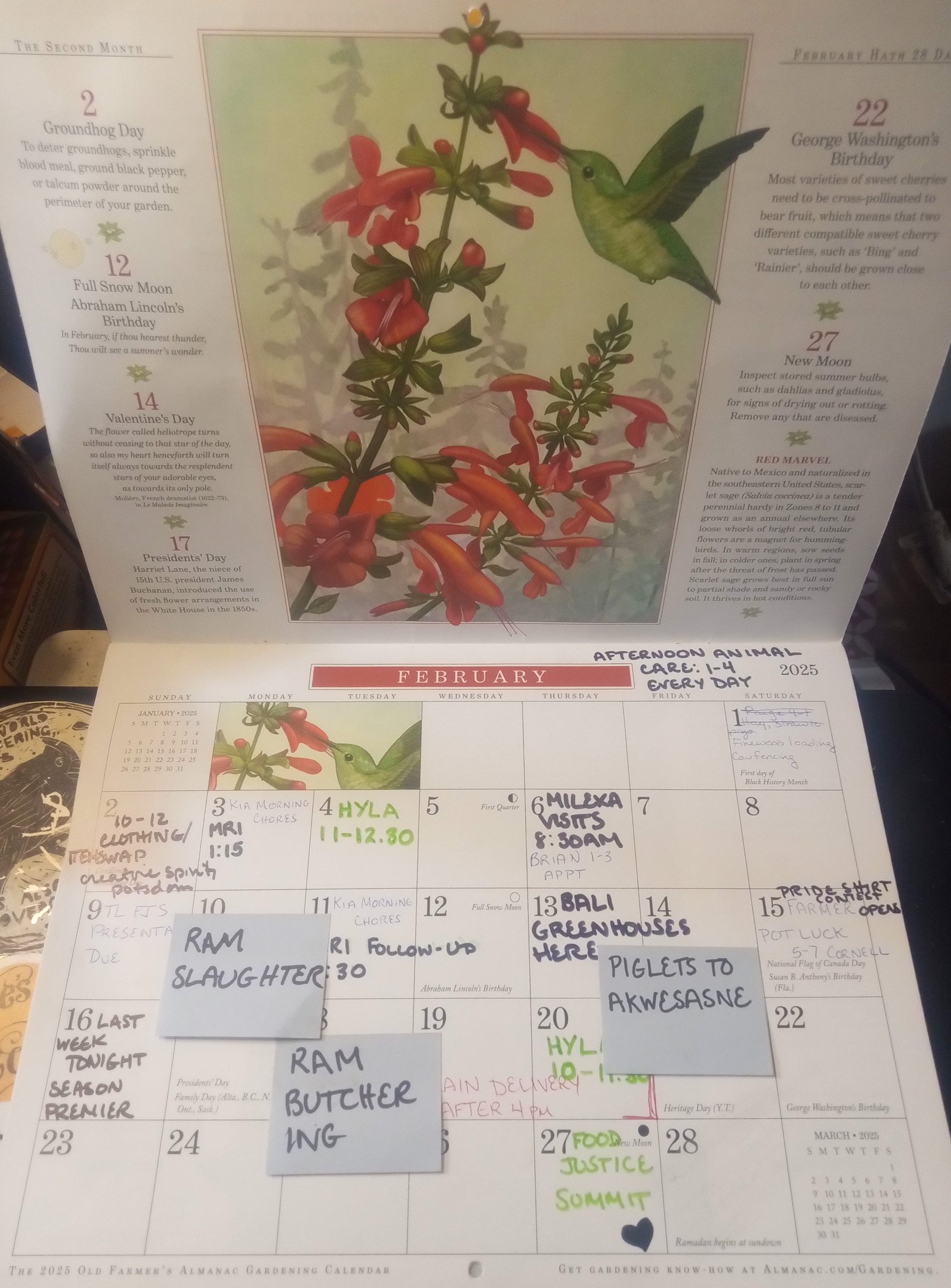 a calendar with notes about projects on the farm and with neighbors