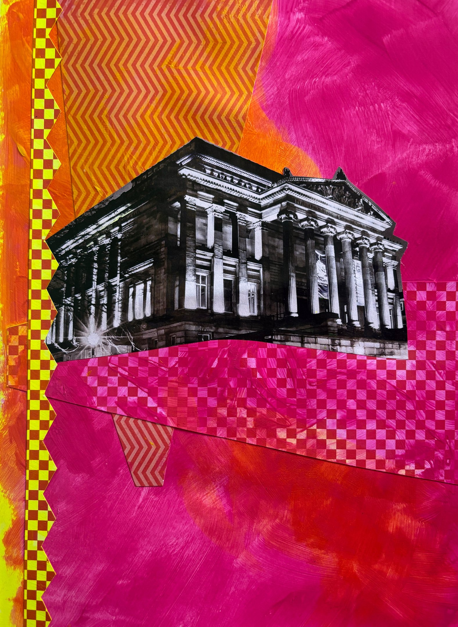 Hand-painted collage artwork featuring Harris Museum building with vibrant geometric patterns