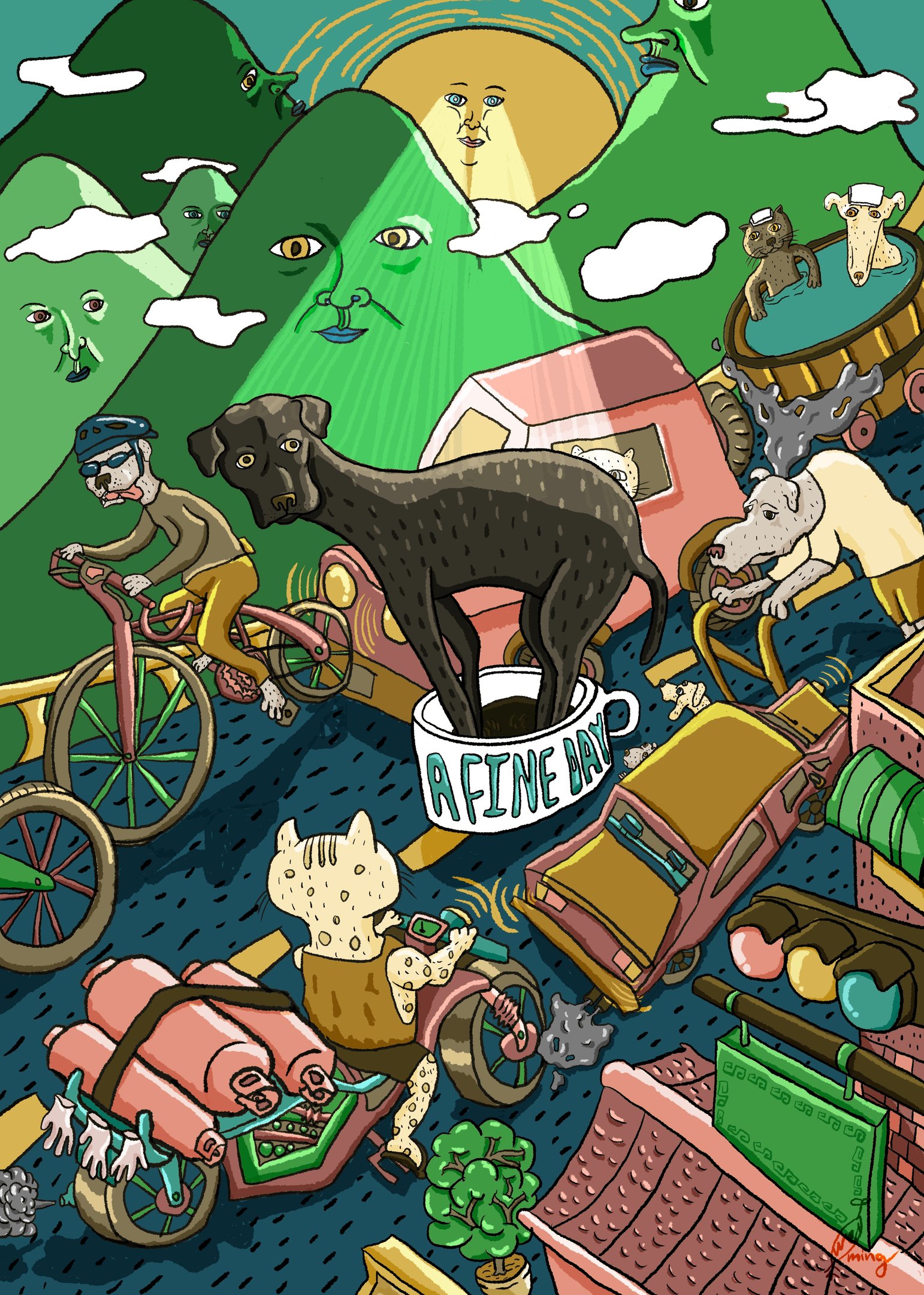 廢材Fade Chai所創作的插畫，台灣熱鬧的山上假日的時候車多擁擠，有騎自行車，送瓦斯的，有開車騎車的阿貓阿狗，甚至有遊客會上山泡溫泉，非常熱鬧，一隻黑狗站在路中央的咖啡杯裡，困在繁忙的路中央