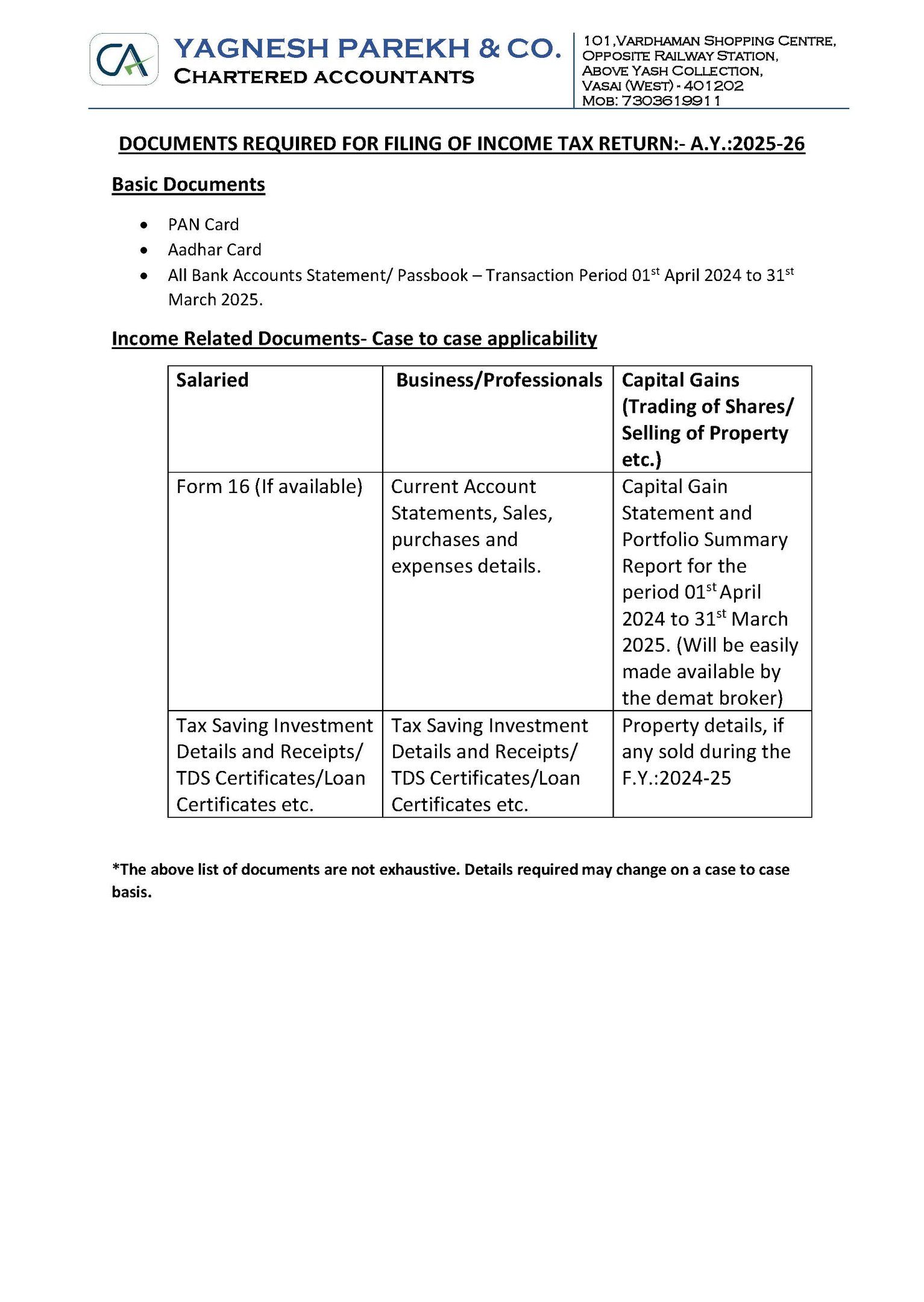 Documents required for filing ITR