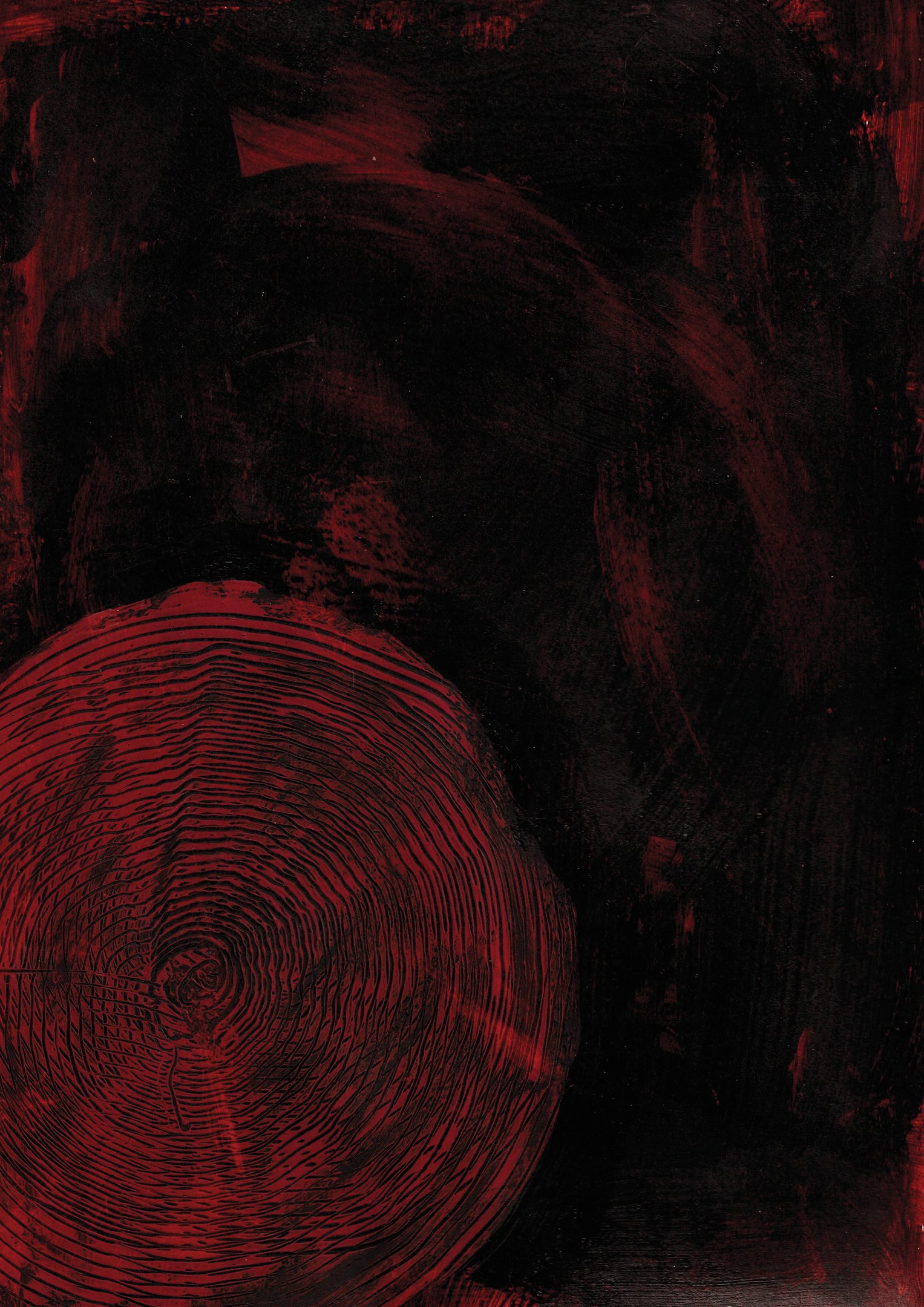 Abstract dark art painting featuring a red wood grain circle pattern on a textured black background.