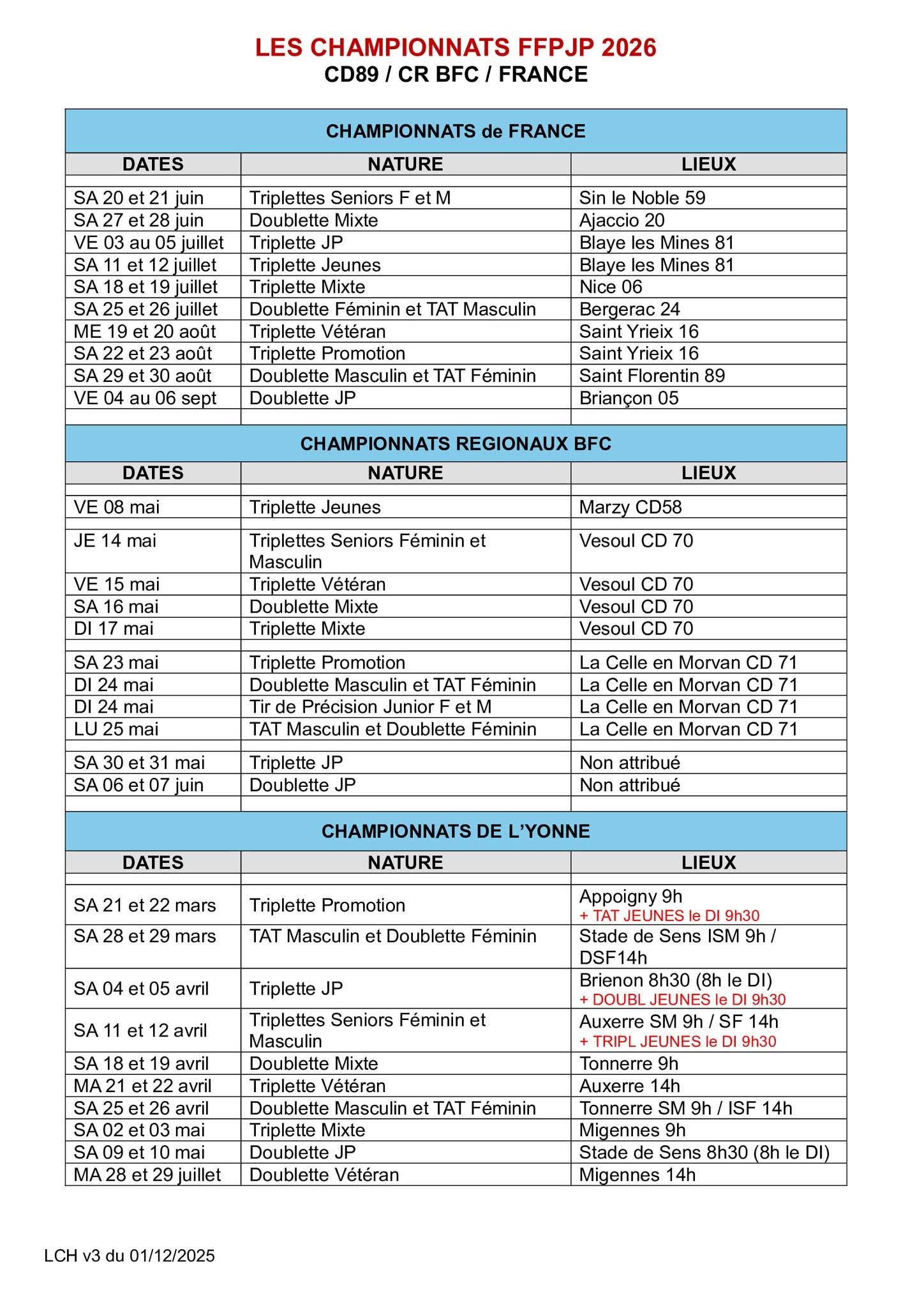calendrier régionaux BFC